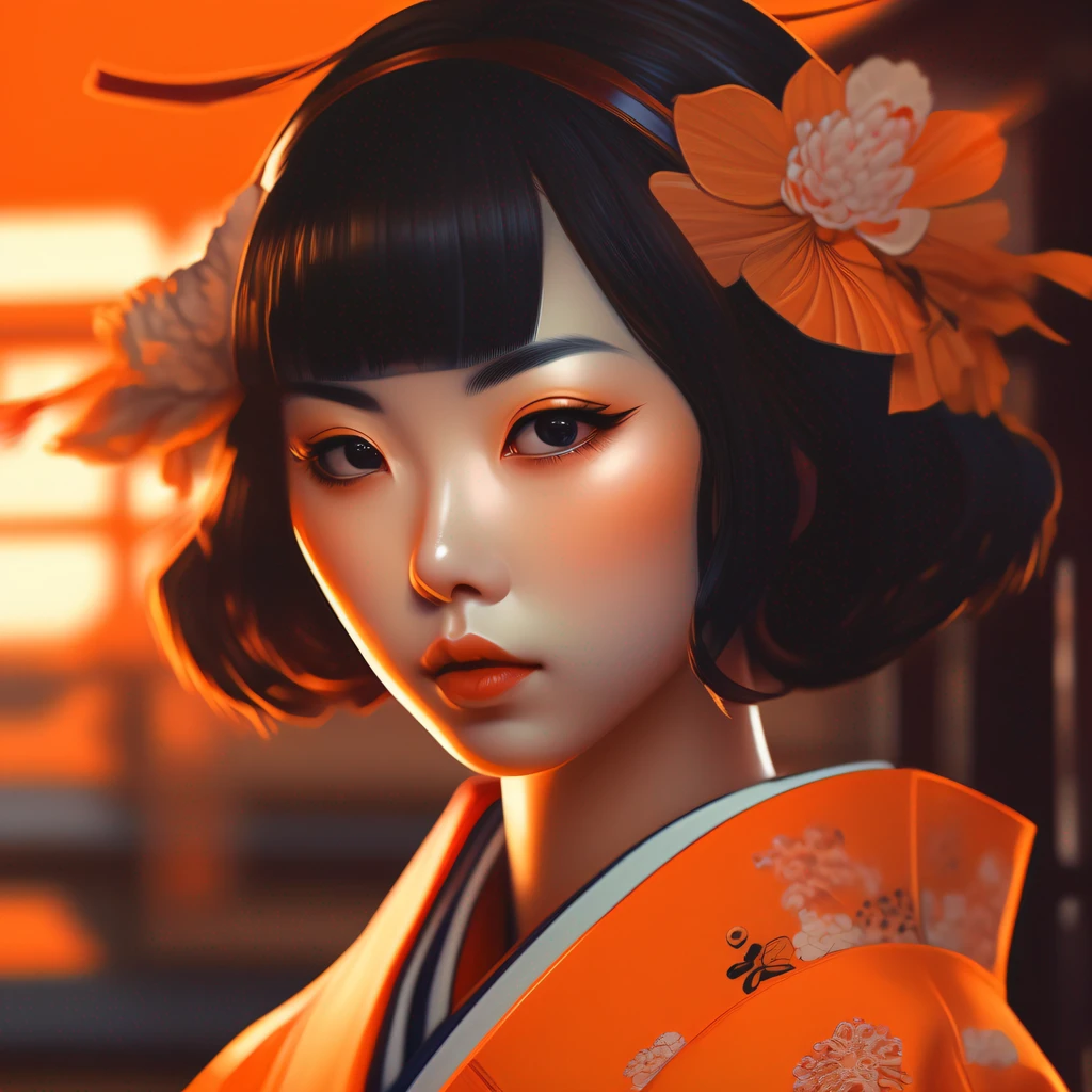 onmyoji,Japanese woman, hyper-detailing, warm tones, intricate details, volumetric, art by Iliya Kuvshinov, a glaring eyes, dvArchModern, 85 mm, f1.8, portraite of a, photo-realistic, A hyper-realistic, orange, Ultra-detailed, intrikate, dramatic, Sunset lighting, eye shadow, wide dynamic range