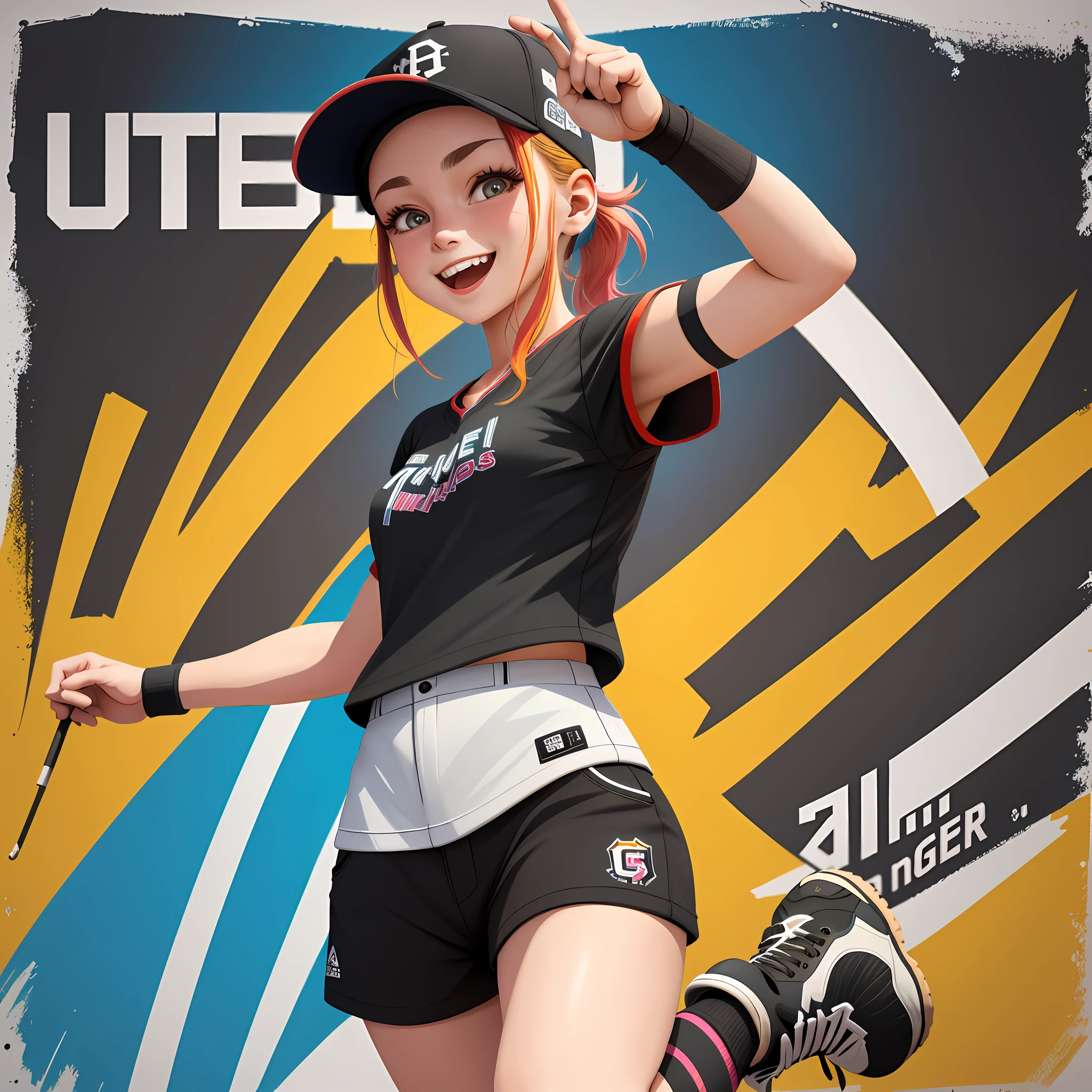 High quality details, Engine rendering, HD poster, , -yeld gi baseball cap, black over-the-knee socks, Solo, Hilariously, Bright colors, Dance beautifully, Sum of happiness.