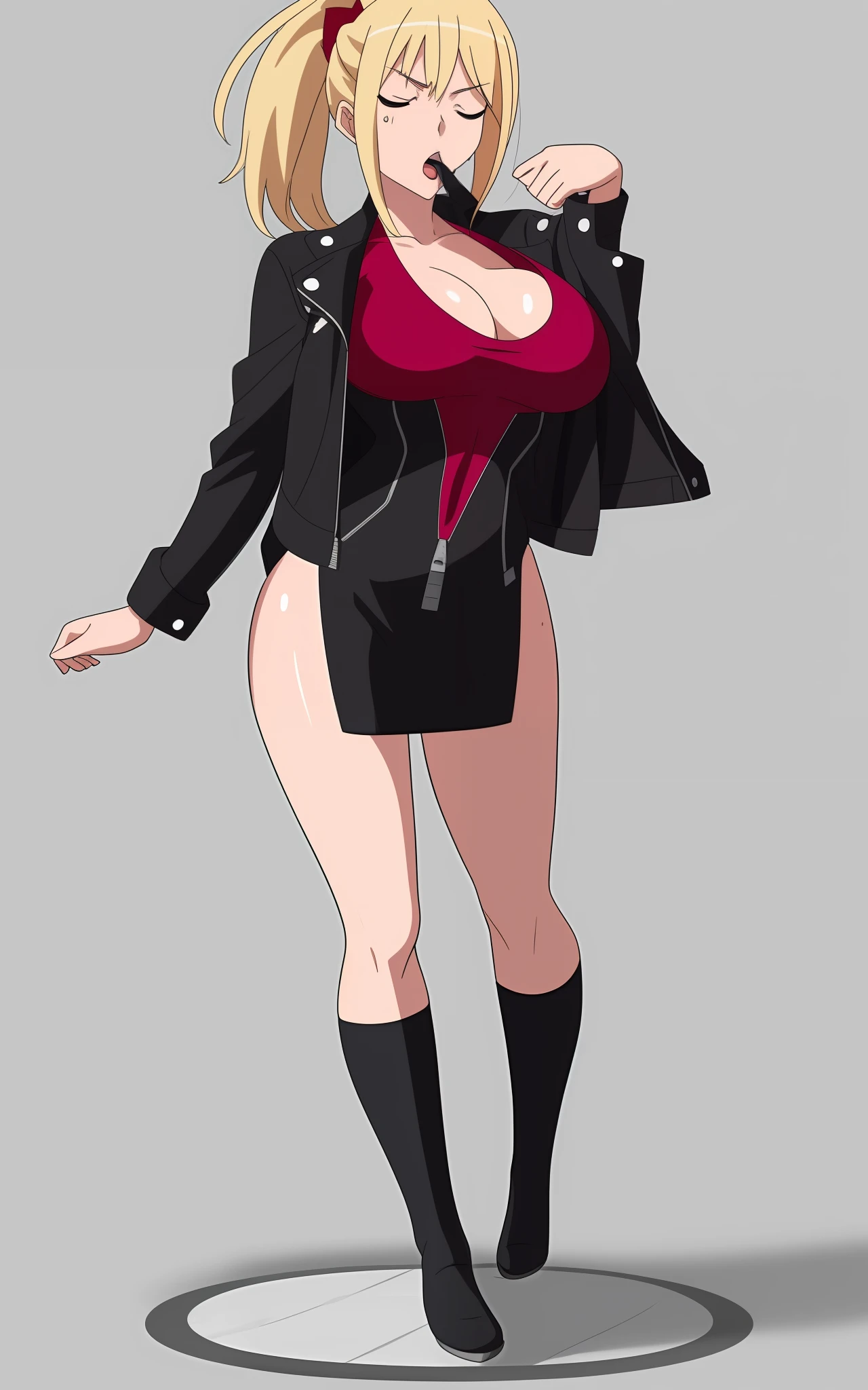 seductive anime girls, beautiful and seductive anime woman, Anime goddess,Beautiful anime,tmasterpiece, High- sharpness, high high quality, Detailed face, detailed body render, Dark lips, Unzip the one-piece leather jacket, exhibitionism,No bras, breasts out,, standing on your feet, Be red in the face,Full body photo,Orgasmic face,Eyes rolled up,Mouth open,The tongue is pulled out,Full Body Sweat