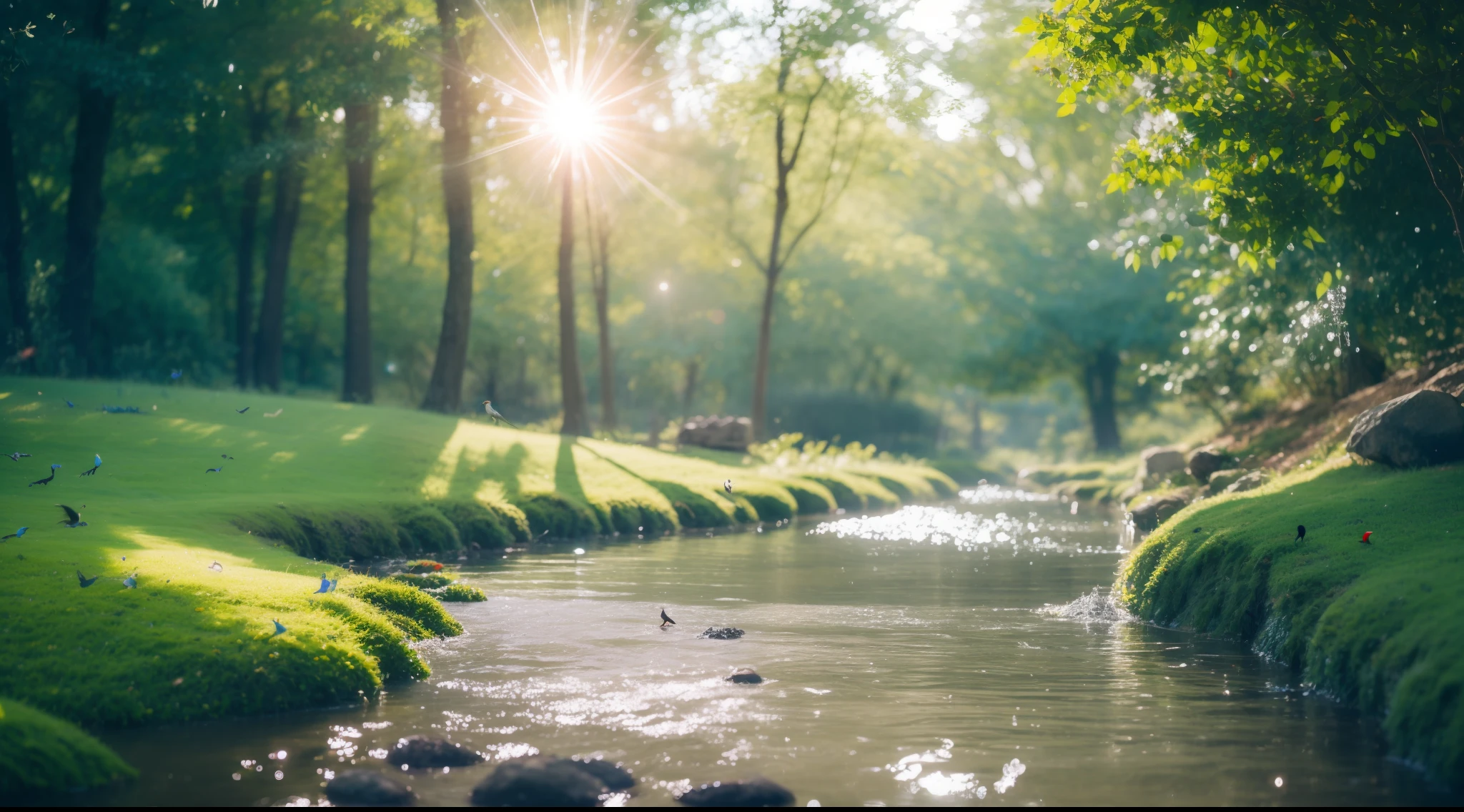 Brook in the countryside, in woods, Clean water surface, Multicolored moss, Colorful rocks, Diffuse reflection of light, crystal-clear water, Fresh green, colorful fog, Leaves fluttering in the wind, sony a7, film gain, sun shine, Cinematic lighting, Photorealistic, one-point perspective, 32K, diffuse reflection, colorful shiny particles, Fly lots of colorful birds, colorful water splash, Lens Flare, sharp reflection light