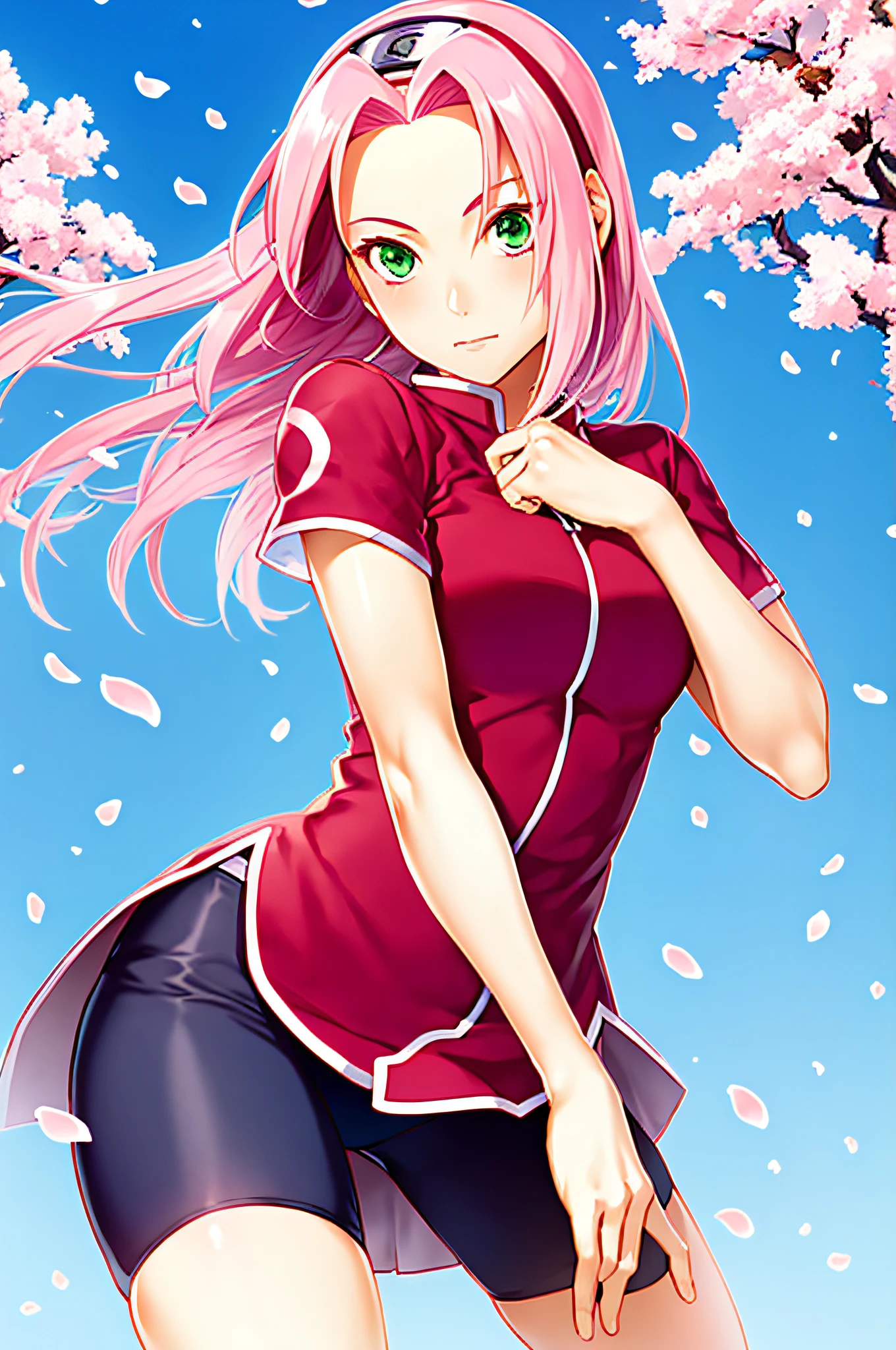 (Cover-style: 1.3),Sakura Haruno, naruto shippuuden, Cherry blossoms, Detailed background,1girll, Pink hair, Green eyes, Short hair, Long hair, Forehead protector, Short sleeves, bike shorts, konohagakure symbol
