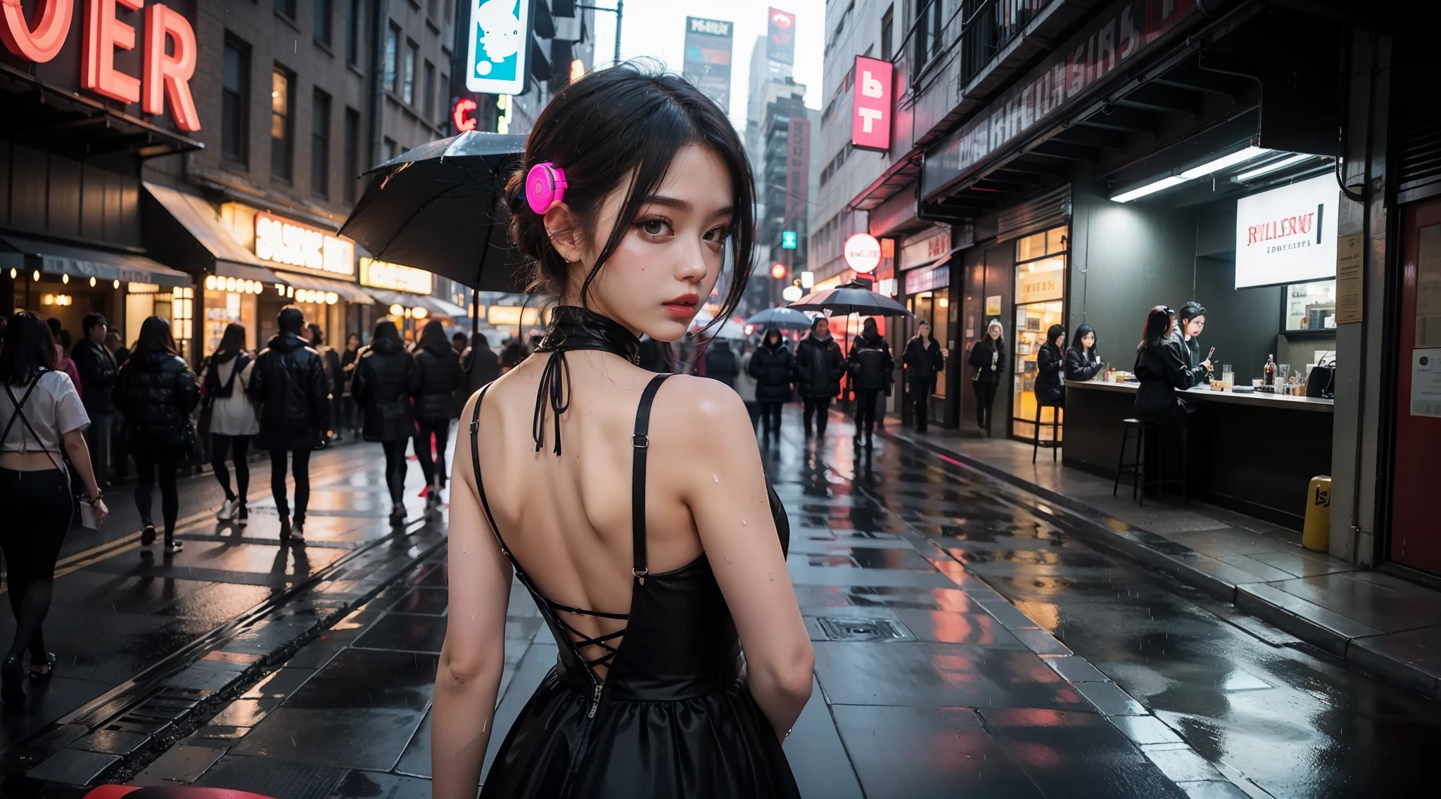 Dark gothic backless Lolita dress。
Live the life of Riley,It is full of futuristic technology。
The scenery is bathed in the rain。
Neon signs flashing in the streets,The streets under the umbrella are filled with a unique cyberpunk atmosphere。Change her to a ladylike pose