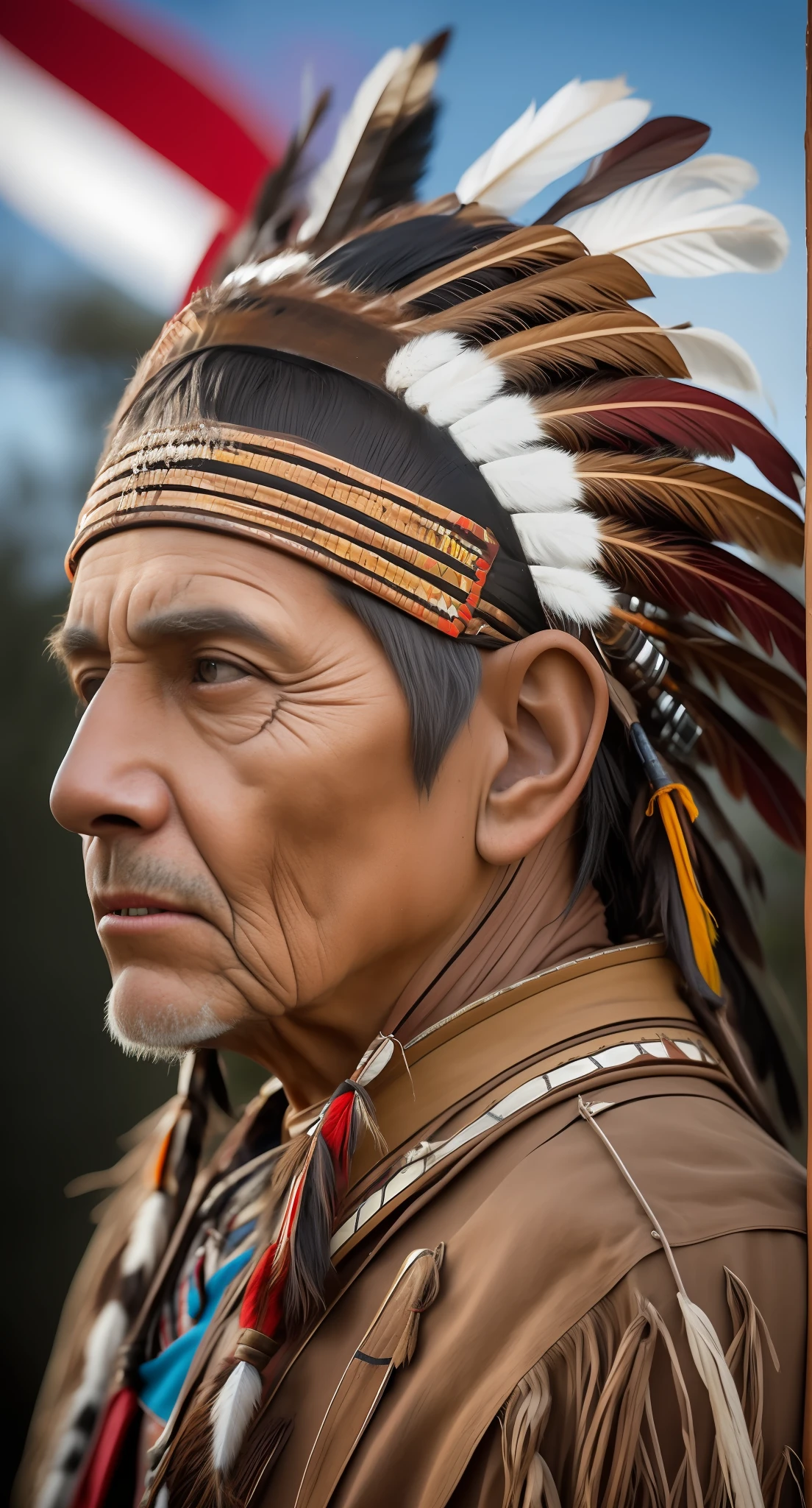 an old American Indian chief, semi-profile, wrinkled face, bright brown eyes, weathered skin, highly detailed, war paint, war bonnet,