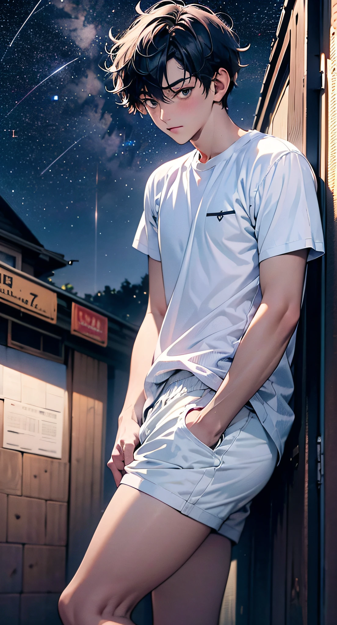 tmasterpiece,A high resolution,ultra - detailed,offcial art,Unity8k wallpapers,ultra - detailed,Libido boy,exteriors,18yr old,light blue short hair,Short sleeves in white,blue short pants,looking at the stars,path