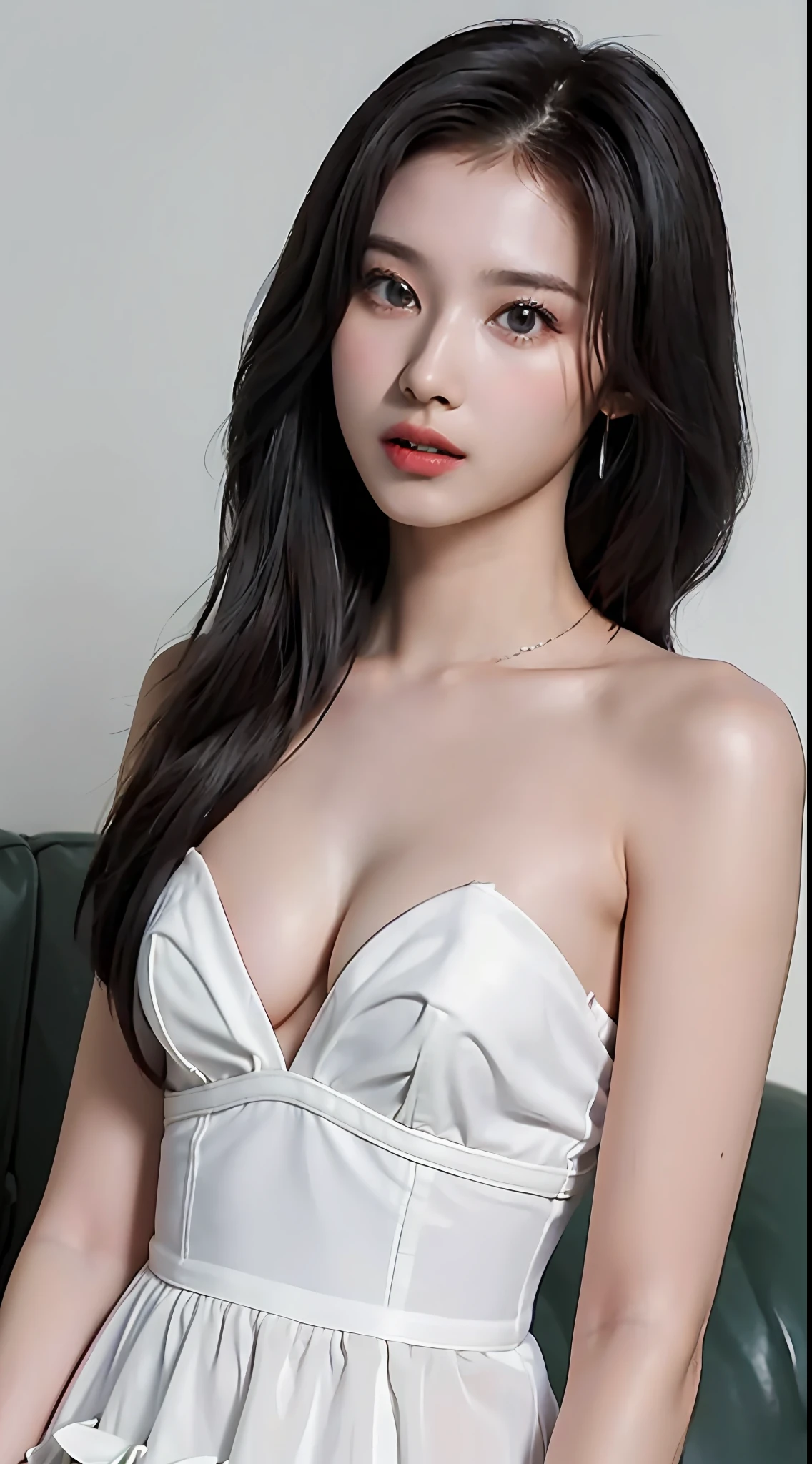 ((Cinematic light, Best quality, 8k, Masterpiece :1.3)), 1girl, Pretty woman with slender abs :1.4, (layer black hair, small breasts :1.3), transparent :1.2, strapless, seductive open lips, Couch, Ultra-detailed face, Detailed eyes, Double eyelid,(aodai),(high_heels)