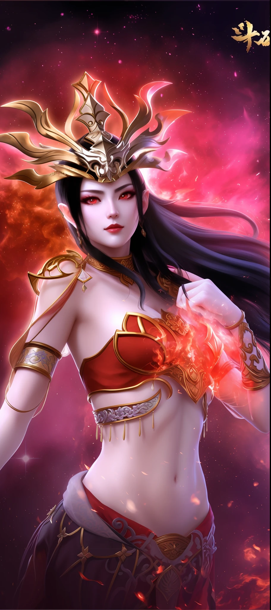 Close-up of a woman holding a fire in her hand, ne zha from smite, a beautiful fantasy empress, xianxia hero, beautiful elegant demon queen, appears as the fire goddess, beautiful female witch, heise jinyao, Epic fantasy art style HD, bian lian, inspired by Ju Lian, xianxia fantasy, artgerm detailed