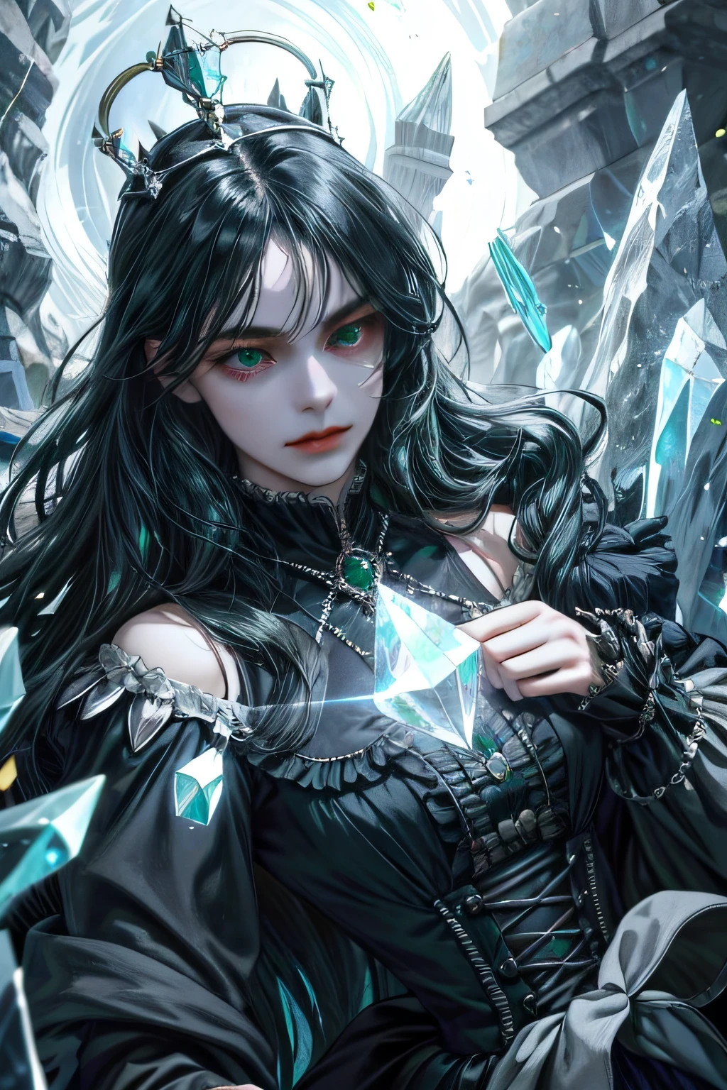(absurdres, highres, ultra detailed), (1girl, solo, mature, long hair), black hair, dress, long sleeve,   looking at viewer, solo, upper body, detailed background, close up, cold detailed face, (victorian theme:1.1), crystal mage, levitating, dynamic pose, elemental rock themed clothes, crystal crown, rocks floating in the air, glowing  shards, surrounded by green  jewels,     magical floating particles,    crystal landscape background, (shallow water:0.7),  cinematic ethereal atmosphere,  reflections, updraft,, upper body, dutch angle