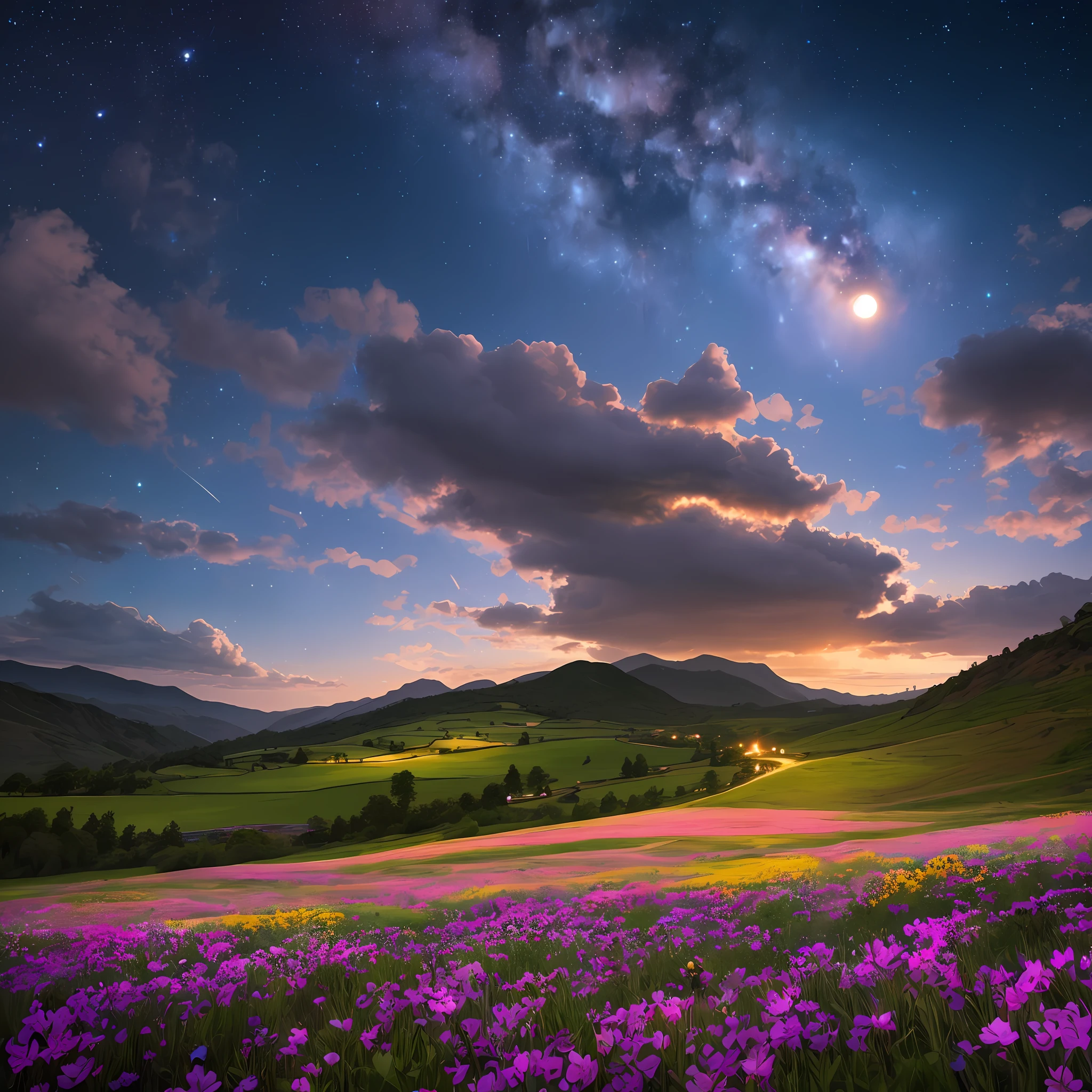 Expansive landscape photograph, (view from below with a view of the sky and the wilderness below), standing in a flower field looking up, (full moon: 1.2), (shooting star: 0.9), (nebula: 1.3), distant mountain, tree break production art, (warm light source: 1.2), (firefly: 1.2), lamp, purple and orange, intricate detail, volume lighting BREAK (masterpiece: 1.2), (highest quality ), 4k, ultra-detailed, (dynamic configuration: 1.4), highly detailed and colorful details (iridescent: 1.2), (sparkling lighting, atmospheric lighting), dreamy, magical, (solo: 1.2) --auto