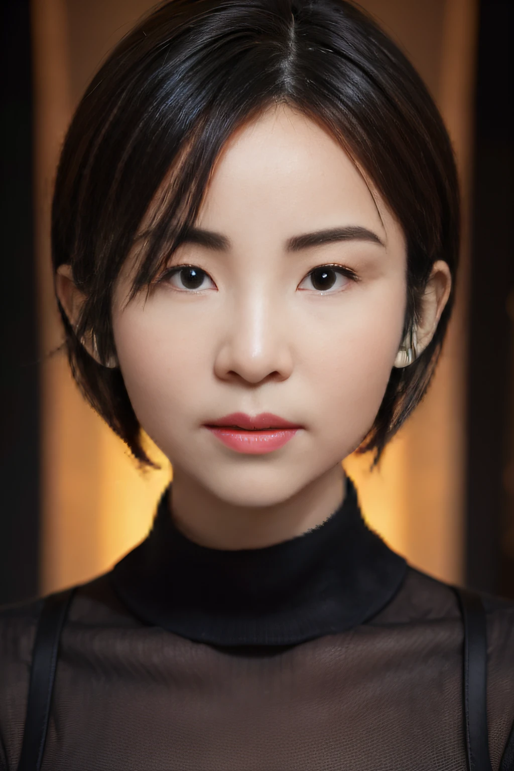 (Masterpiece:1.3), (8K, Photorealistic, RAW photo, Best quality: 1.4), (1girll), Beautiful face, (Realistic face), (Black hair, Short hair:1.3), Nice hairstyle，photorealistic eye，Nice detail eyes，（Realistic skin），Beautiful skins，（low-cut sweater），absurd res，enticing，超高分辨率，Ultra photo realsisim，The is very detailed，the golden ratio