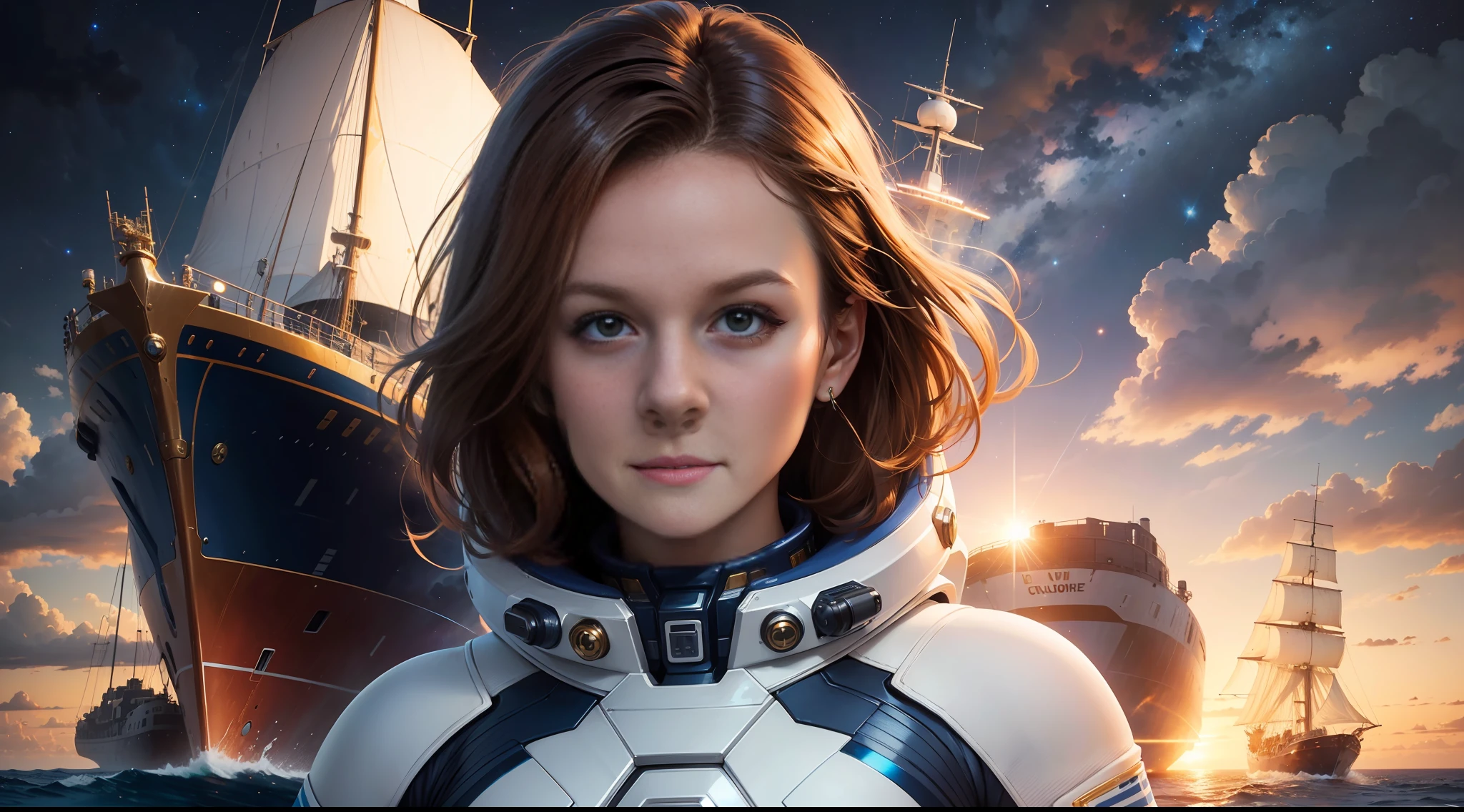 ((one woman looking at camera)), detailed face, mid shot, (chrome golden and blue sci-fi space suit), brown hair, (white clouds), sunset, stars, ships far away in ocean