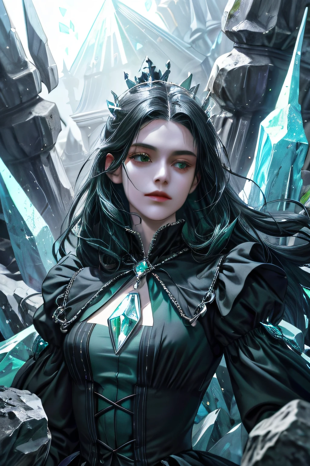 (absurdres, highres, ultra detailed), (1girl, solo, mature, long hair), black hair, dress, long sleeve, looking at viewer, solo, upper body, detailed background, close up, cold detailed face, (victorian theme:1.1), crystal mage, levitating, dynamic pose, elemental rock themed clothes, crystal crown, rocks floating in the air, glowing shards, surrounded by green jewels, magical floating particles, crystal landscape background, (shallow water:0.7), cinematic ethereal atmosphere, reflections, updraft,, upper body, dutch angle