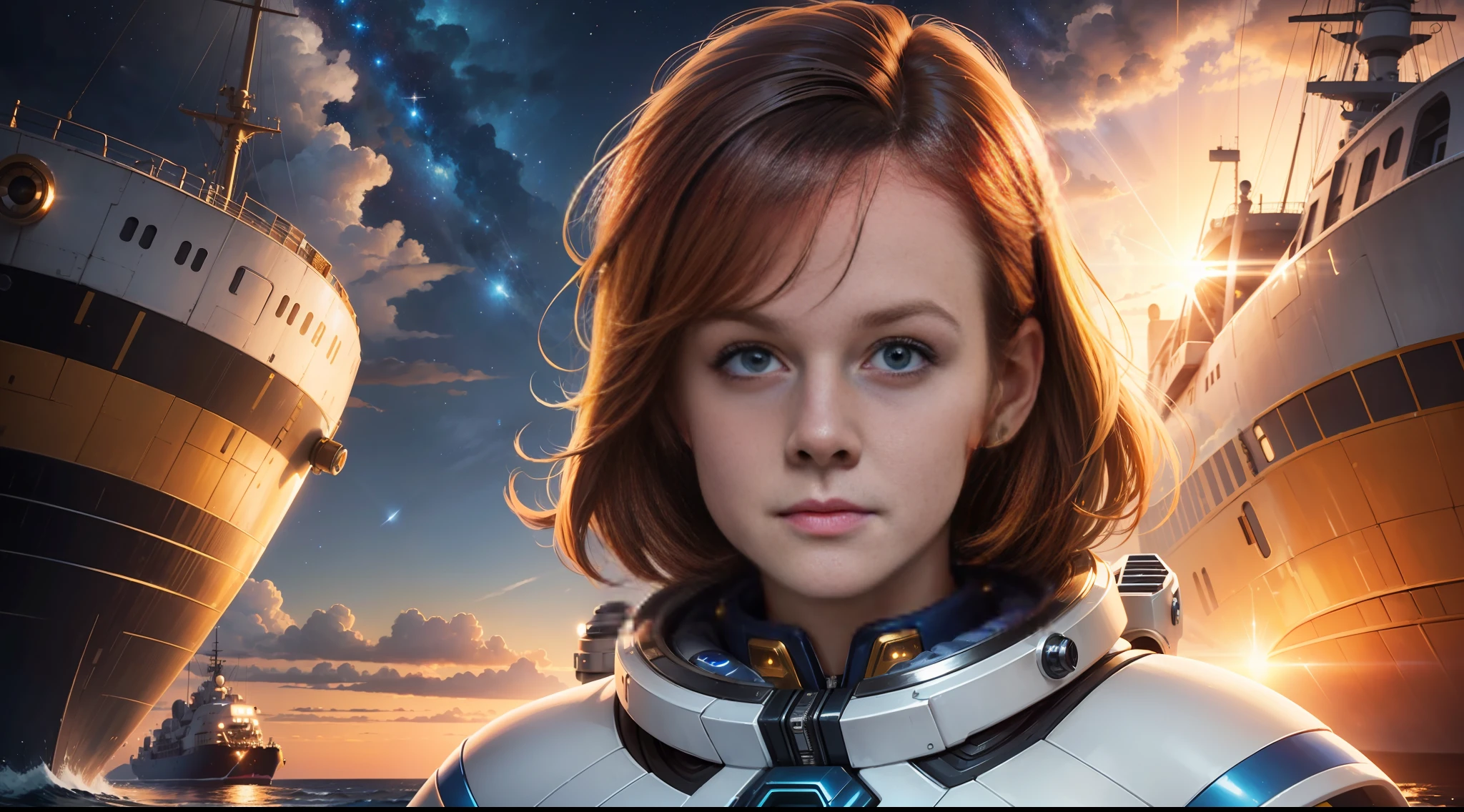 ((one woman looking at camera)), detailed face, mid shot, (chrome golden and blue sci-fi space suit), brown hair, (white clouds), sunset, stars, ships far away in ocean