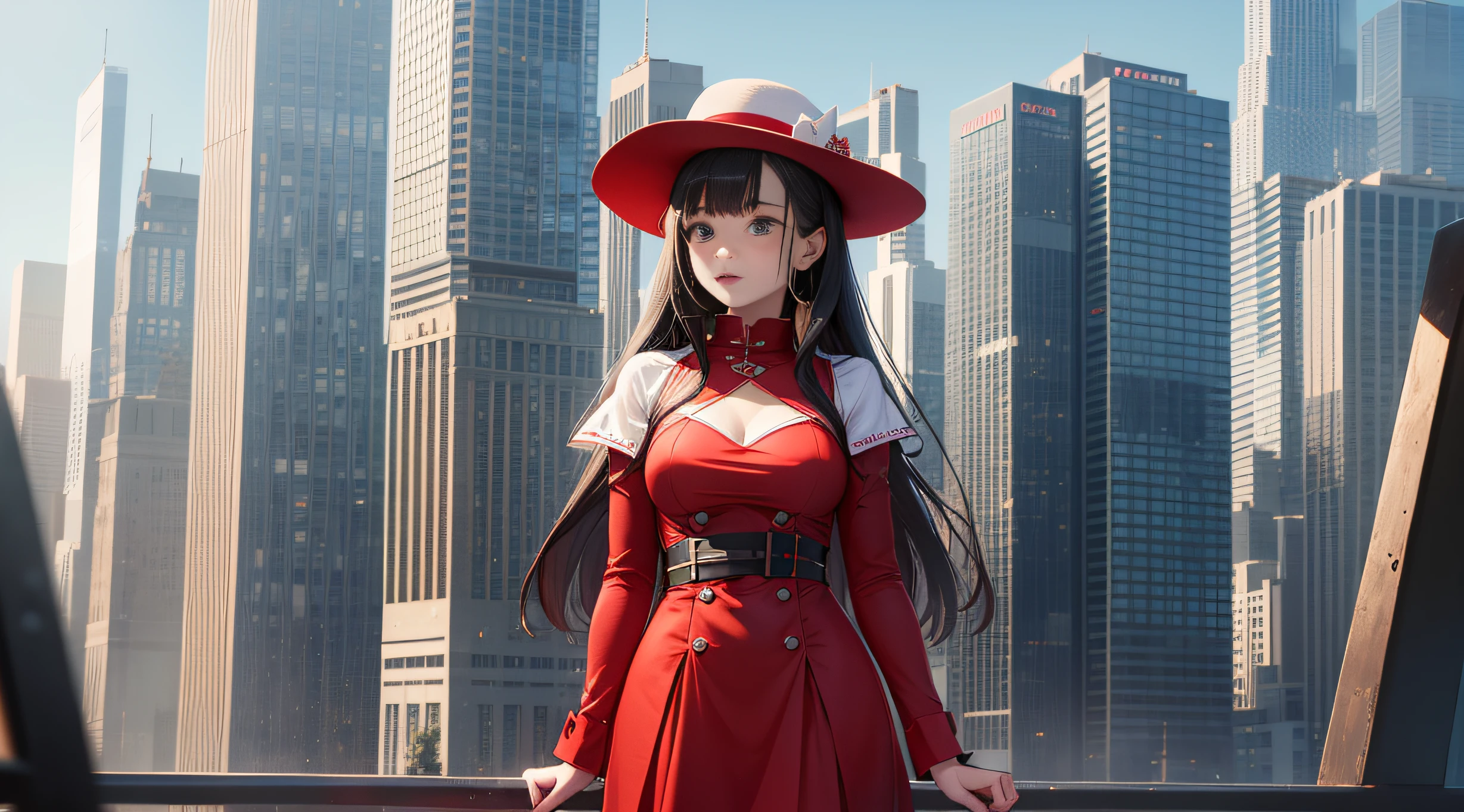 stereogram, tachi-e, pov, atmospheric perspective, 8k, super detail, ccurate, best quality, masterpiece, Futuristic cityscape, tall building, rich girl named Little Red lives there, daughter of wealthy businessman, has luxurious life, loves exploring nature, wears red dress and hat, goes to forest to play daily, accompanied by white robot dog