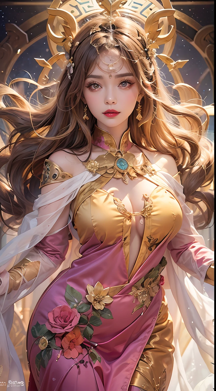 1 goddess of the zodiac from the future, wear the ao dai of the goddess of the zodiac to cover her chest, the goddess of the zodiac wears a bright yellow gold bodice, the goddess radiates a bright pink purple zodiac aura, the stars have the shape of the 12 zodiac signs, the goddess of the zodiac wearing a golden zodiac ao dai with many black details, the mythical goddess of the 12 zodiacs from the future, Zodiac sign ♏, zodiac style, dark and mystic version, Plump boobs, Red lips are balanced and very beautiful, character by karol bak and pino daeni, intricate details, detailed background, many object of background, extra highly detailed, magic lighting, a woman, clearly drawn face, beautiful face and symmetry eyes, big round eyes and very beautiful and detailed makeup, distant focus, silk clothing, mystic adornment, upper body portrait, arms loose