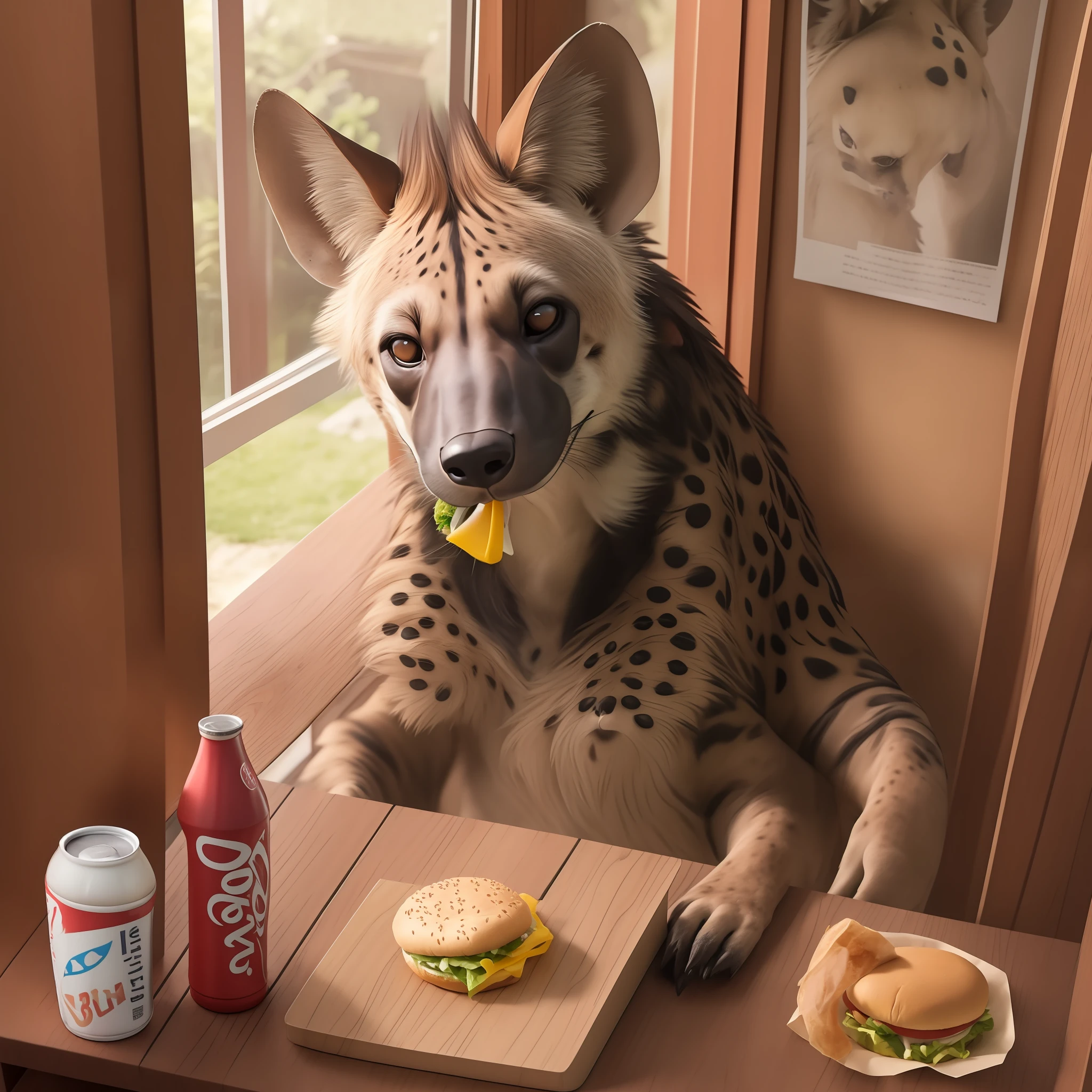 inside a house，A famous hyena lives。naughty、inquisitive、clever。There is a table、The hyena sits in front of the table、Eating a burger in hand、On the table、There is Coke