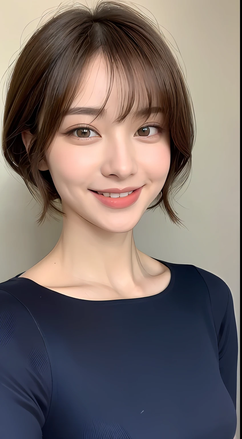 ((Best Quality, 8K, Masterpiece: 1.3)), 1 Girl, Slim Abs Beauty: 1.3, (Hairstyle Brown Hair Shortcut, Big: 1.2), Dress: 1.1, Super Slender Face, Delicate Eyes, Double Eyelids, Smile, Home, Raw Photo