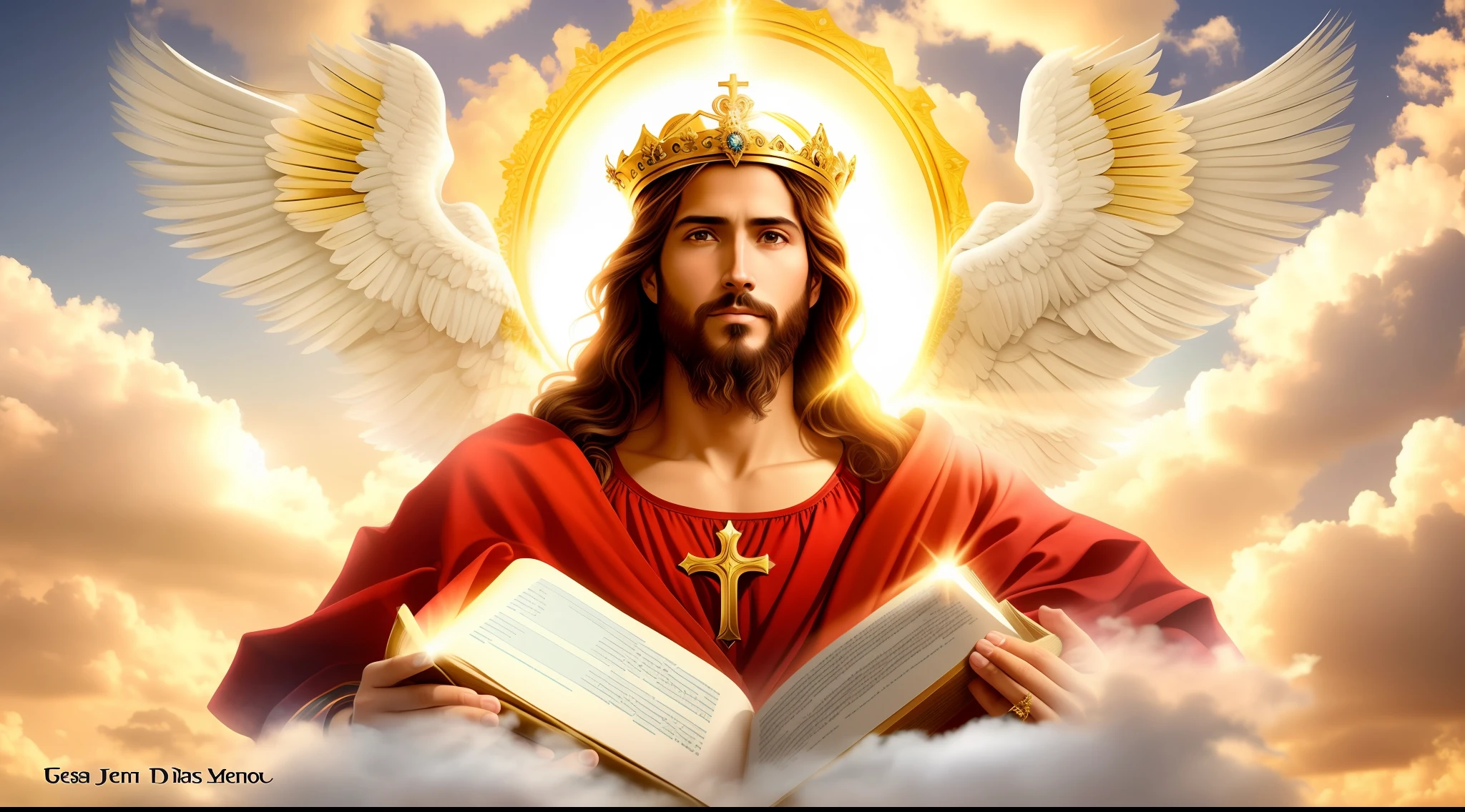 Jesus reading a book with wings in heaven, Rei dos Reis, Jovem Deus Todo-Poderoso, O Deus Imperador da Humanidade, Jesus Cristo, bible illustration, imagens sagradas, O Senhor e Salvador, sentou-se em seu trono, Retrato de um Deus Celestial, imagens religiosas, deus divino, muitas coroas!! upon his head, imagem do avatar, deus imperador, Segunda vinda, KING of Heaven