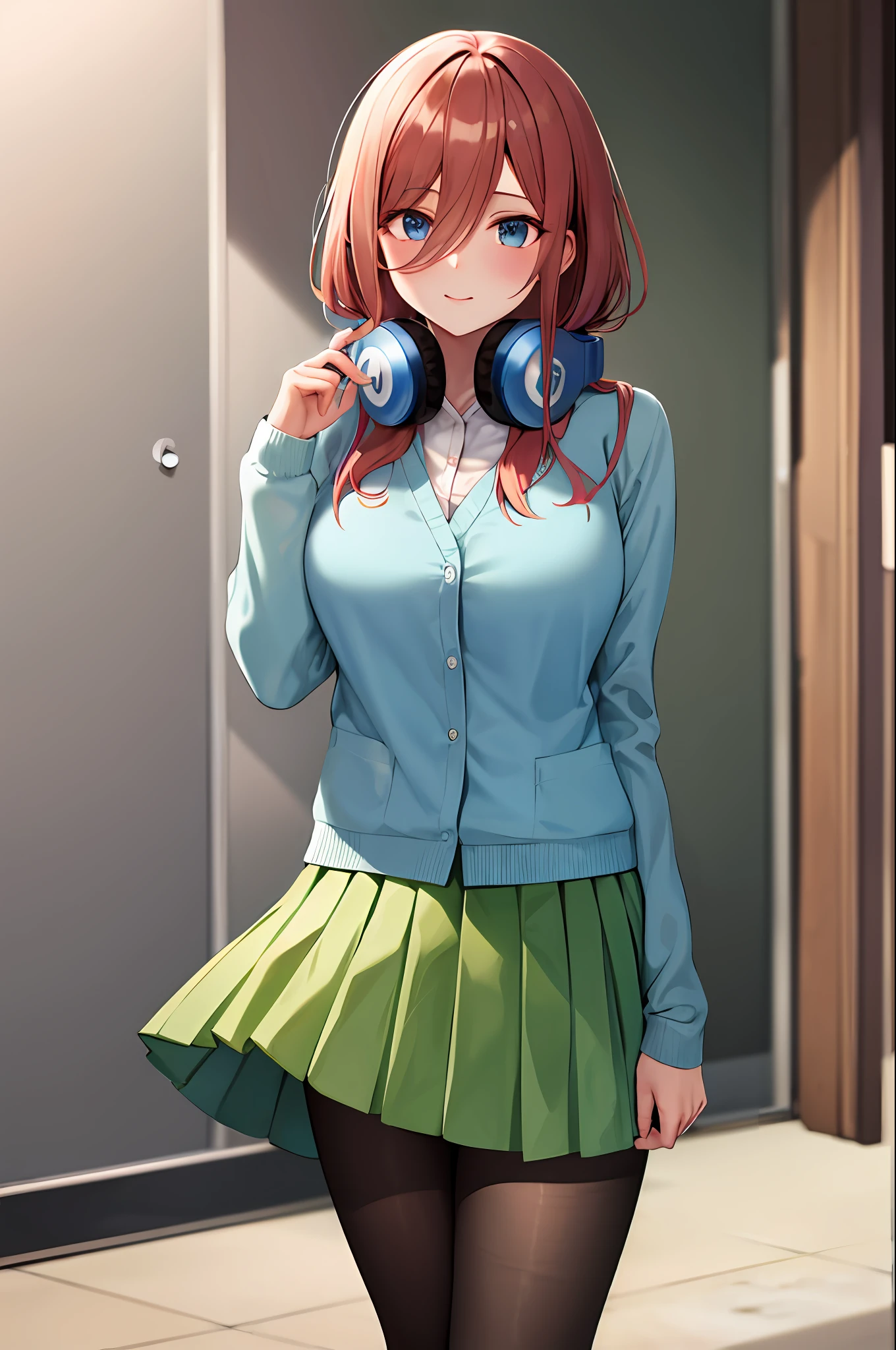 masterpiece, best quality, highres, nm1, headphones around neck, school uniform, long sleeves, blue cardigan, green skirt, pantyhose, cowboy shot, standing