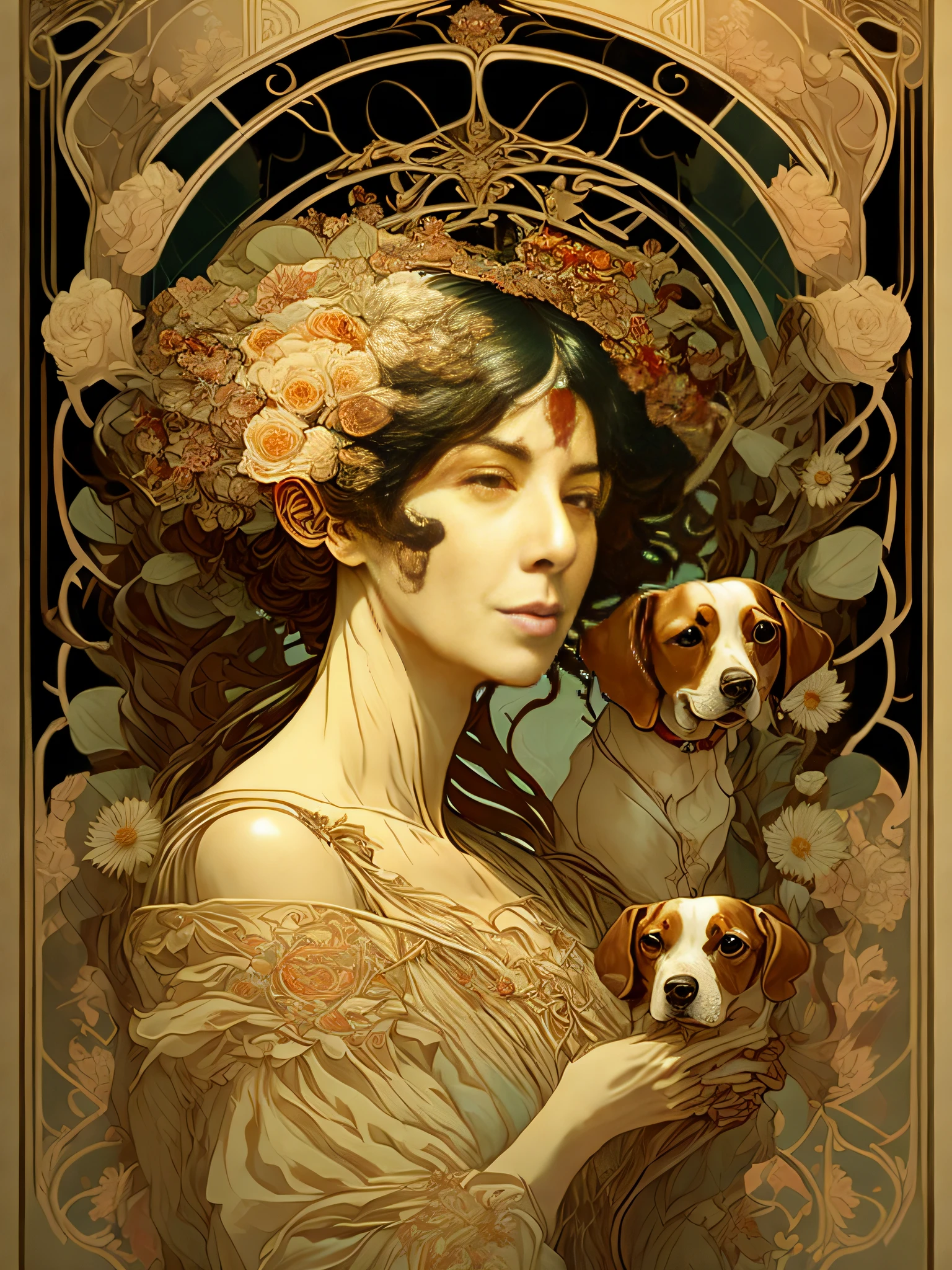 a poster of a woman with short black hair with a jack russel dog in hand and flowers in her hair, holding her hands behind her head by Alphonse Mucha