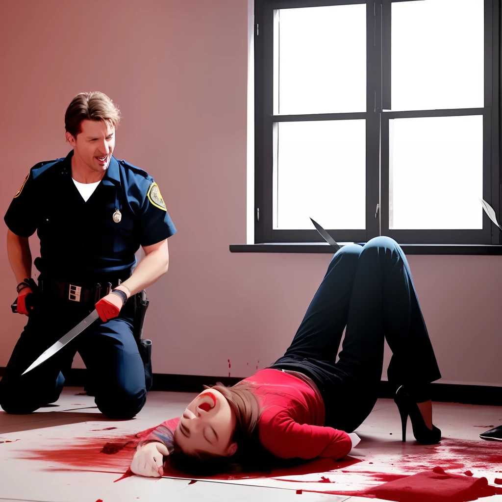 man，woman，Man stabs woman with knife，The woman fell to the ground and blood flowed，The woman's clothes were torn，The man laughed，In the bedroom
