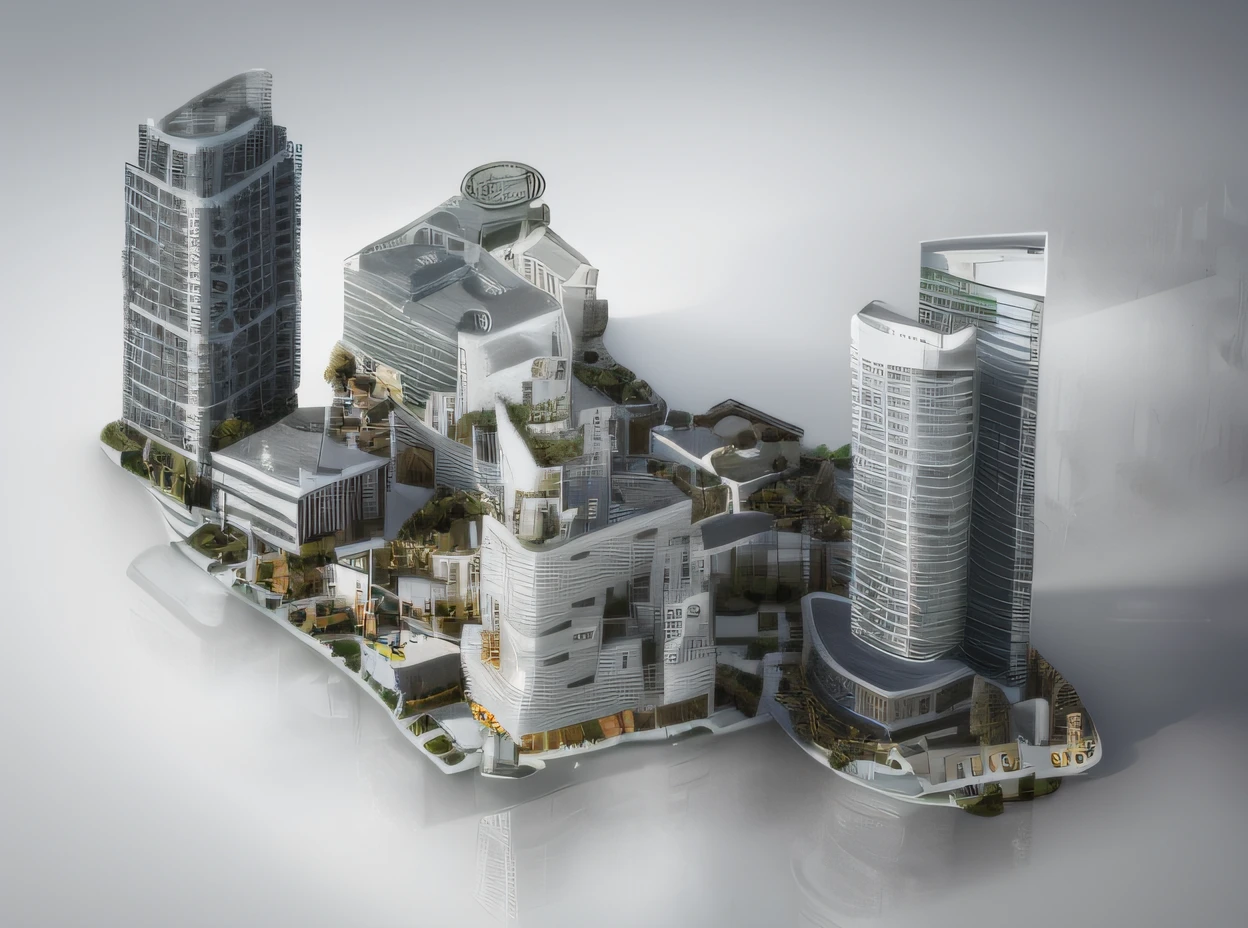 Relief for cities with many high-rise buildings, Complex buildings, modernn architecture, 3 d city, highly detailed buildings, Tall structures, center model buildings, buildings covered with greebles, High-rise buildings, many buildings, mixed development, epic buildings in the center, Buildings, Tall structures, Tall structures, Fractal architecture, complex 3 d render，glass buildings，white backgrounid