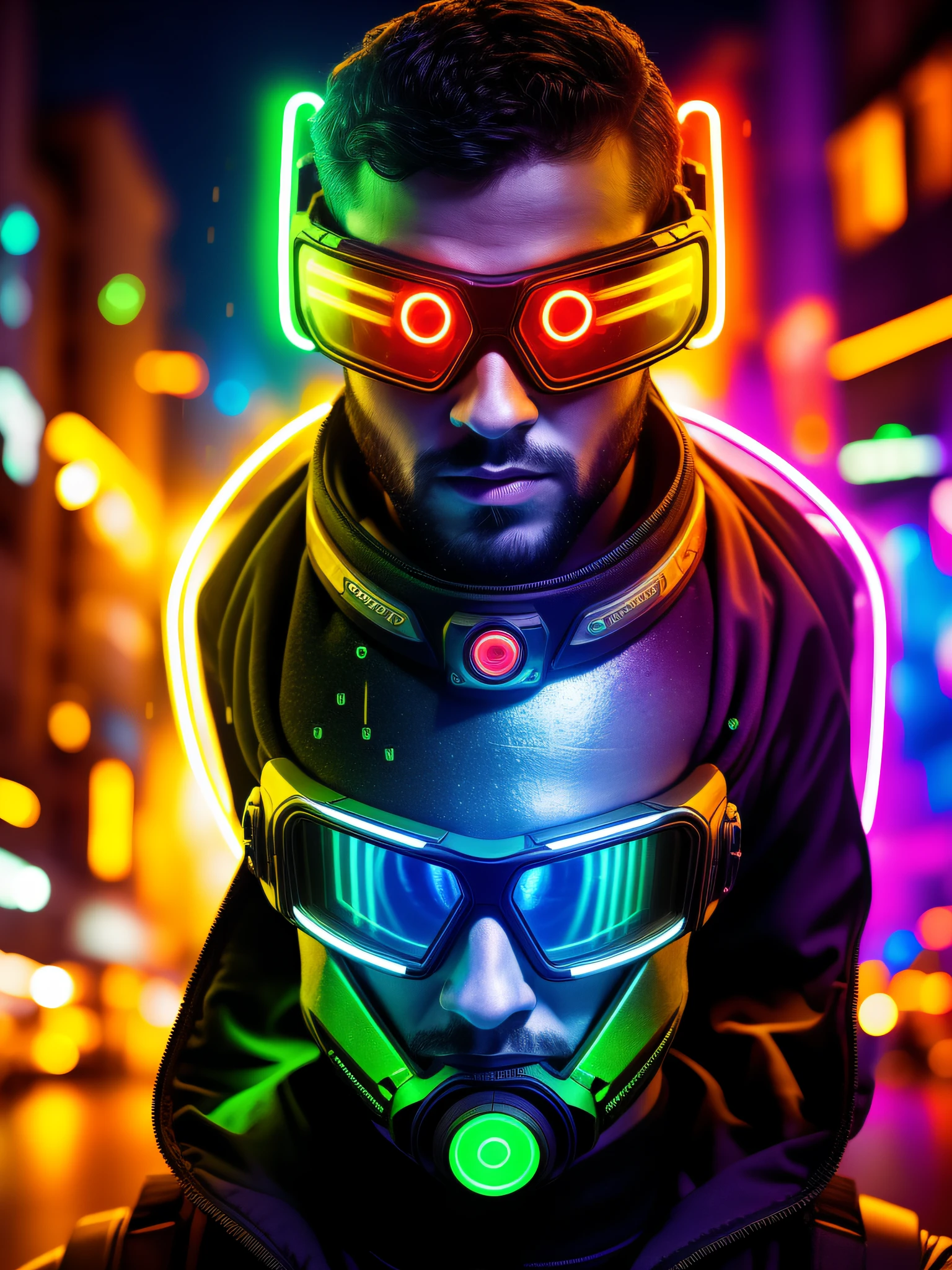 An award winning master piece photo of a cyborg man with psychedelic colors standing in a city street at night in the rain, wearing neon-colored glowing goggles, 8k, (high quality:1.1), (cinematic feeling:1.1), dark deep shadows, incredibly intricate detailing, art , (up close:1.1), from above, looking at viewer, (light sparkles:1.1), (chromatic aberration,:1.2) background with floating light artifacts