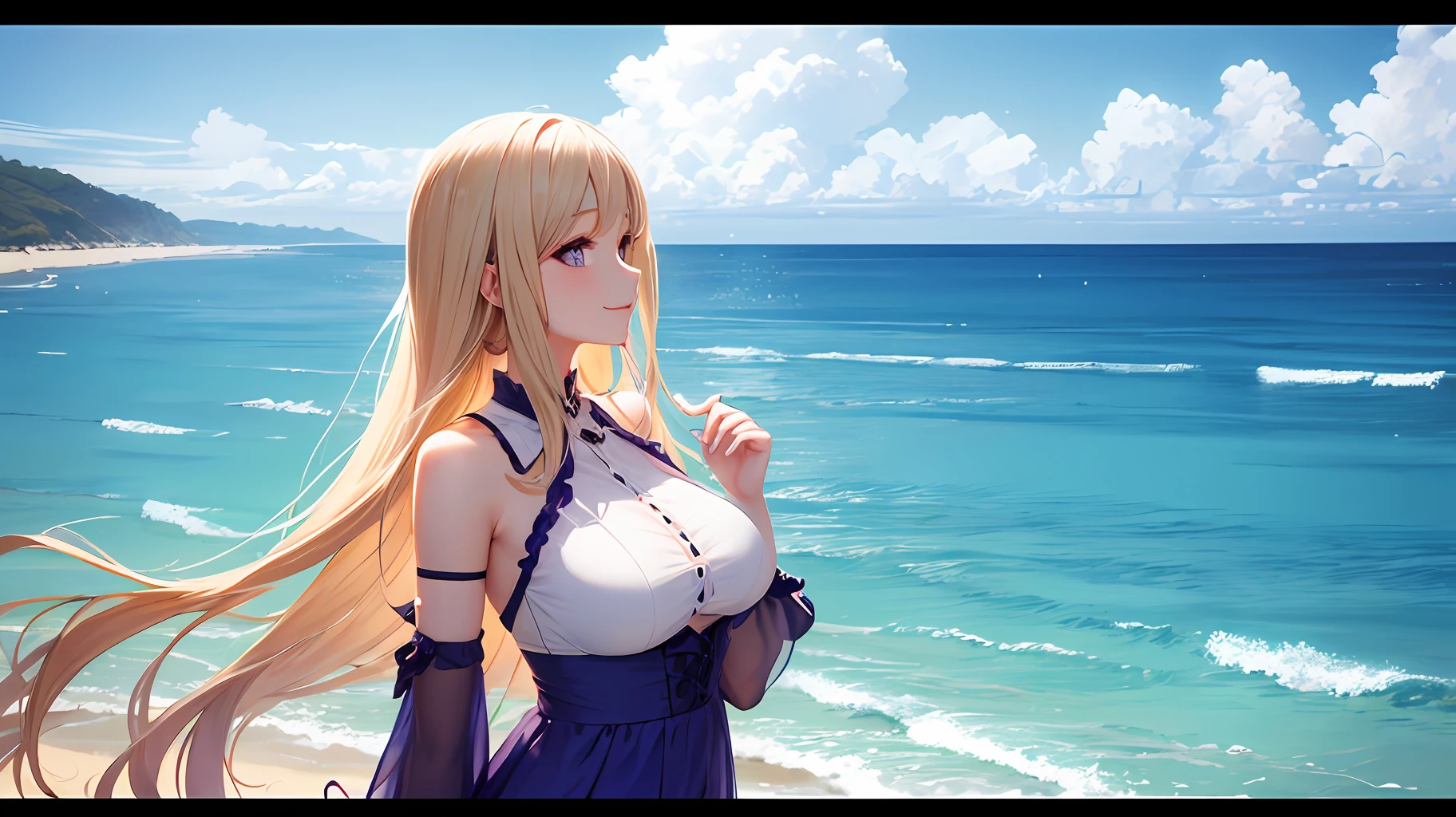 ((masterpiece)), ((best quality)), (ultra-detailed), ((kawaii)), cute, (lovely), ((sexy)), (ero), ((extremely detailed)), 4K, (8K), best quality, (beautiful), anime style, full body, face in profile, colorful, ocean, beach, beautiful sky, summer, a cute girl, 1girl, solo, one-piece dress, beautiful blond hair, beautiful purple eyes, ((beautiful eyes)), white-skinned, long hair, transparent hair, translucent hair, large breast, light smile, wind effect --auto