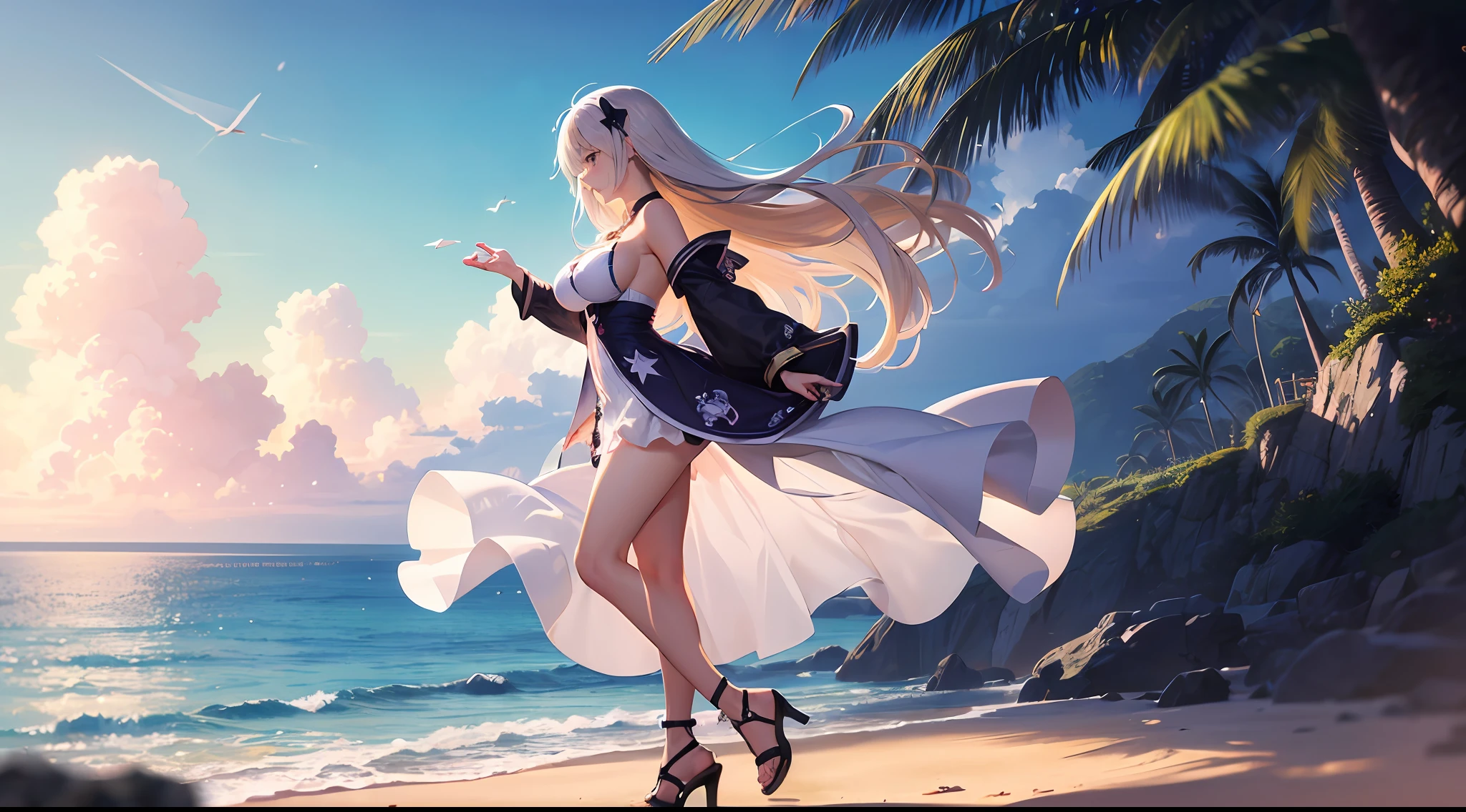 ((masutepiece)), ((Best Quality)), (Ultra-detailed), ((kawaii)), Cute, (lovely), ((Sexy)), (Ero), ((Extremely detailed)), 4K, (8K), Best Quality, (Beautiful), Anime style, Full body, face in profile, Colorful, ocean, Beach, Beautiful sky, Summer, Cute little girl s, 1girl in, Solo, one piece dress, beautiful blond hair, Beautiful purple eyes, ((Beautiful eyes)), White-skinned, Long hair, Transparent hair, translucent hair, large full breasts, lightsmile, Wind-effect --auto