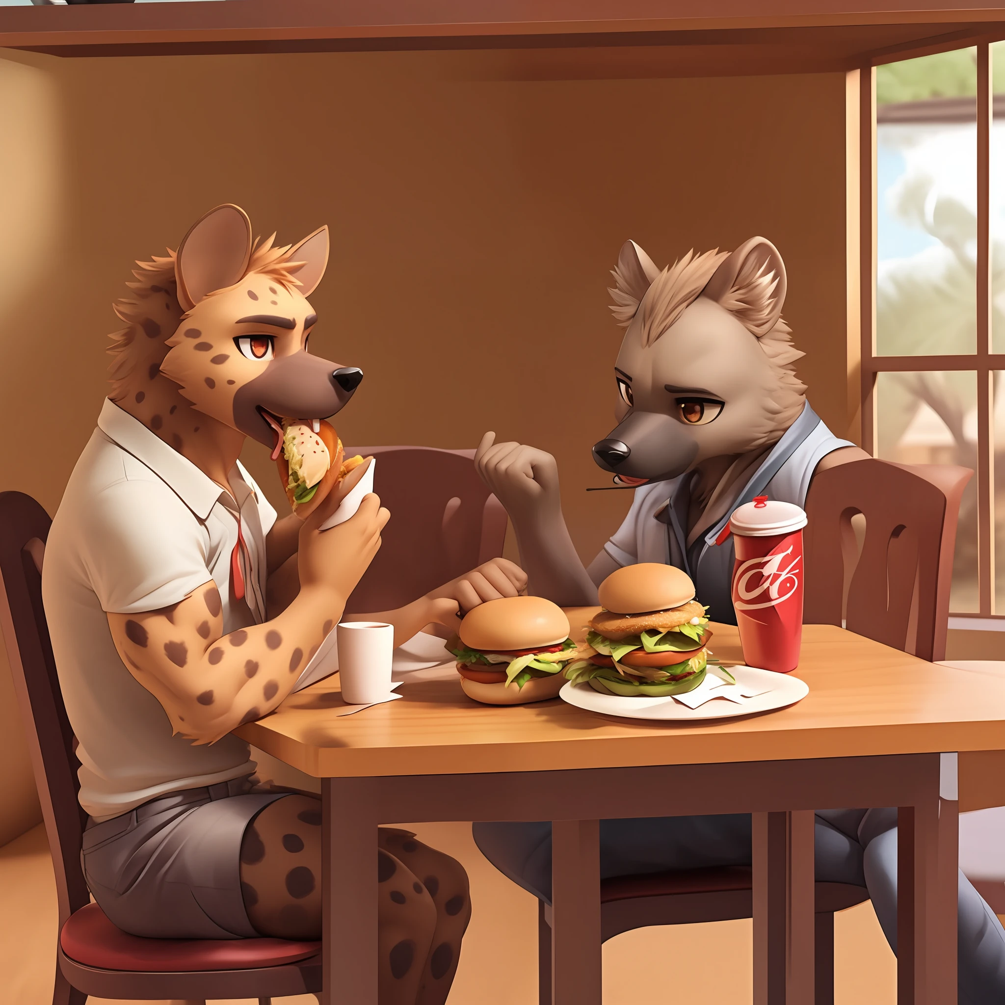 inside a house,A famous hyena lives。naughty、inquisitive、clever。There is a table、The hyena sits in front of the table、Eating a burger in hand、On the table、There is Coke