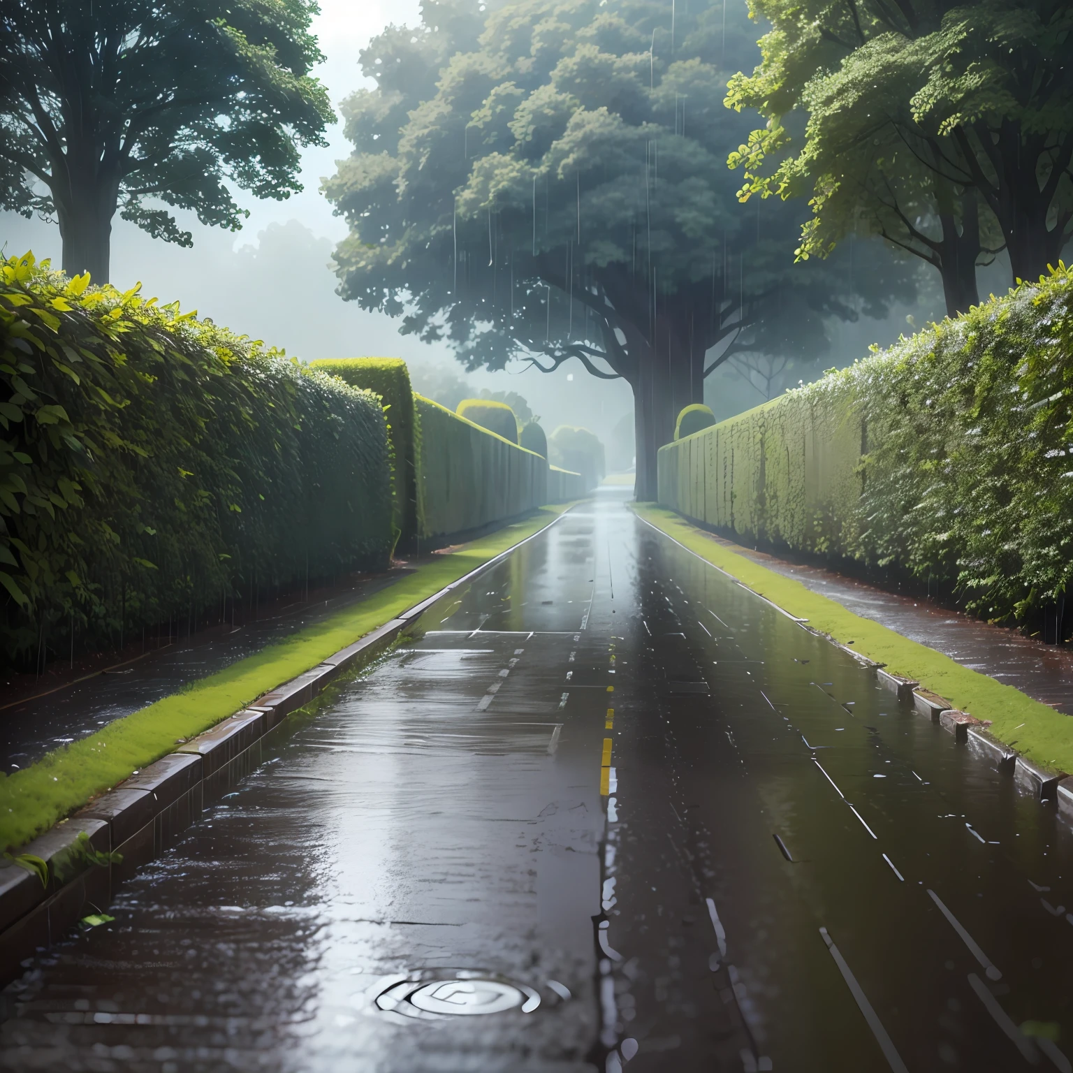 Hedge Park,It was raining heavily in the sky,It rained heavily,Rain ,Rain fell on the ground,there is water splash,There is water on the pavement,8K,k hd,Photo write