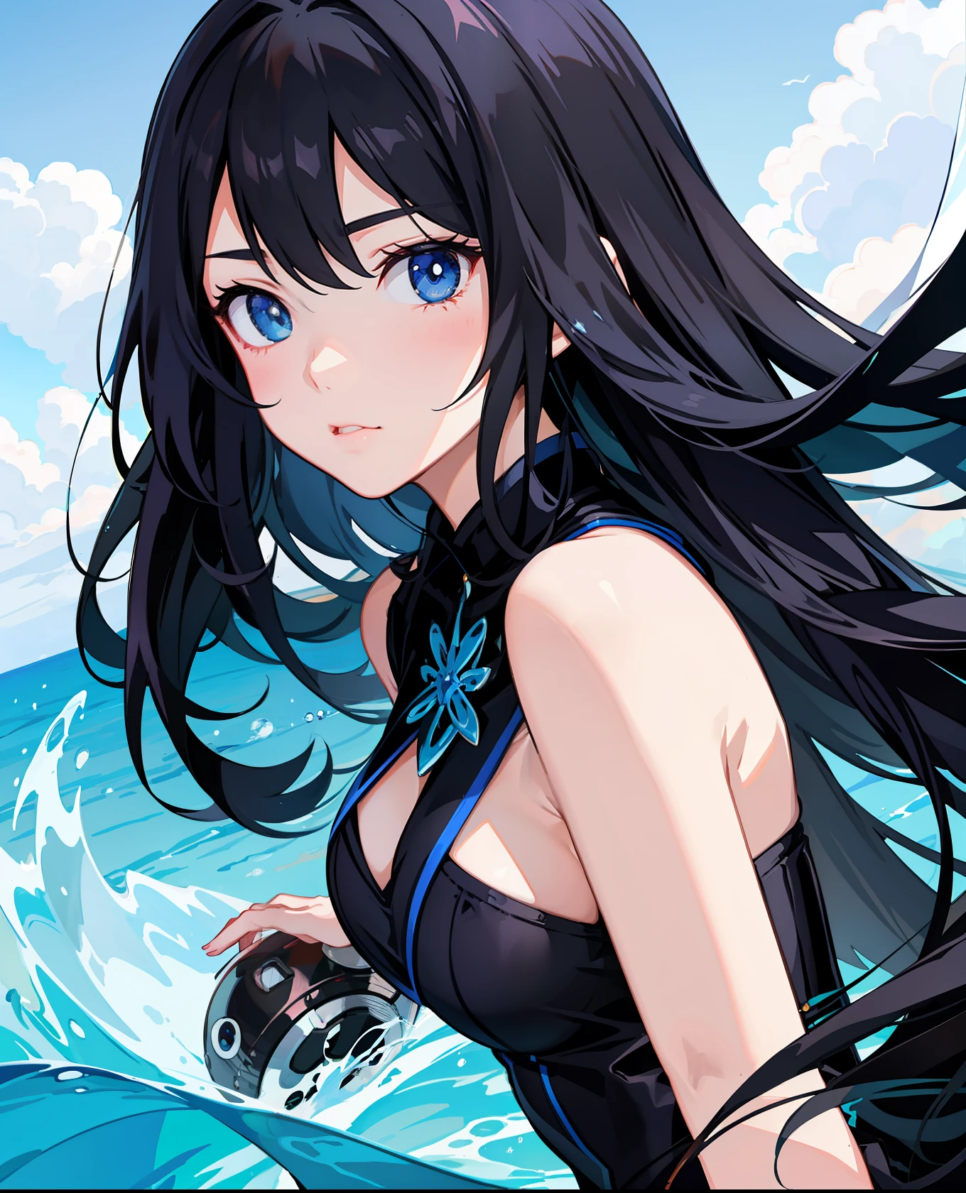 Anime girl with long black hair and blue dress in water, Detailed digital anime art, Guviz, wallpaper anime blue water, clean and meticulous anime art, Guviz-style artwork, Guweiz in Pixiv ArtStation, a beautiful anime portrait, Guweiz on ArtStation Pixiv, detailed portrait of an anime girl, Digital anime illustration,Only the upper body,only revealing his upper body。