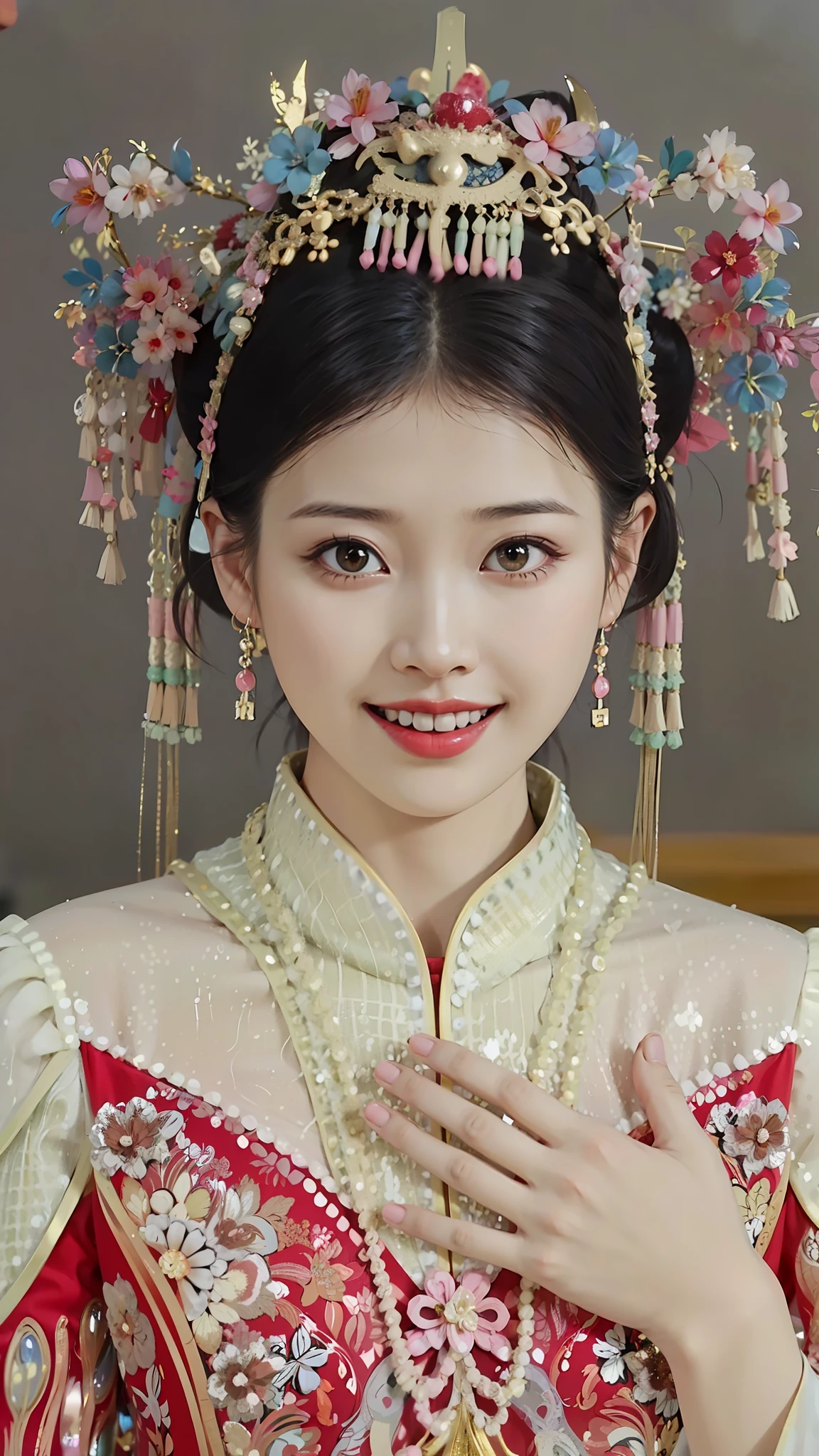 a close up of a woman wearing a red and gold dress, Palace ， A girl in Hanfu, China Princess, Wearing ancient Chinese clothes, Princesa chinesa antiga, Chinese style, Chinese traditional, Chinese costume, Traditional beauty, chinese empress, Inspired by Lan Ying, traditional makeup, Hanfu, shaxi, Inspired by Qiu Ying, Cheongsam