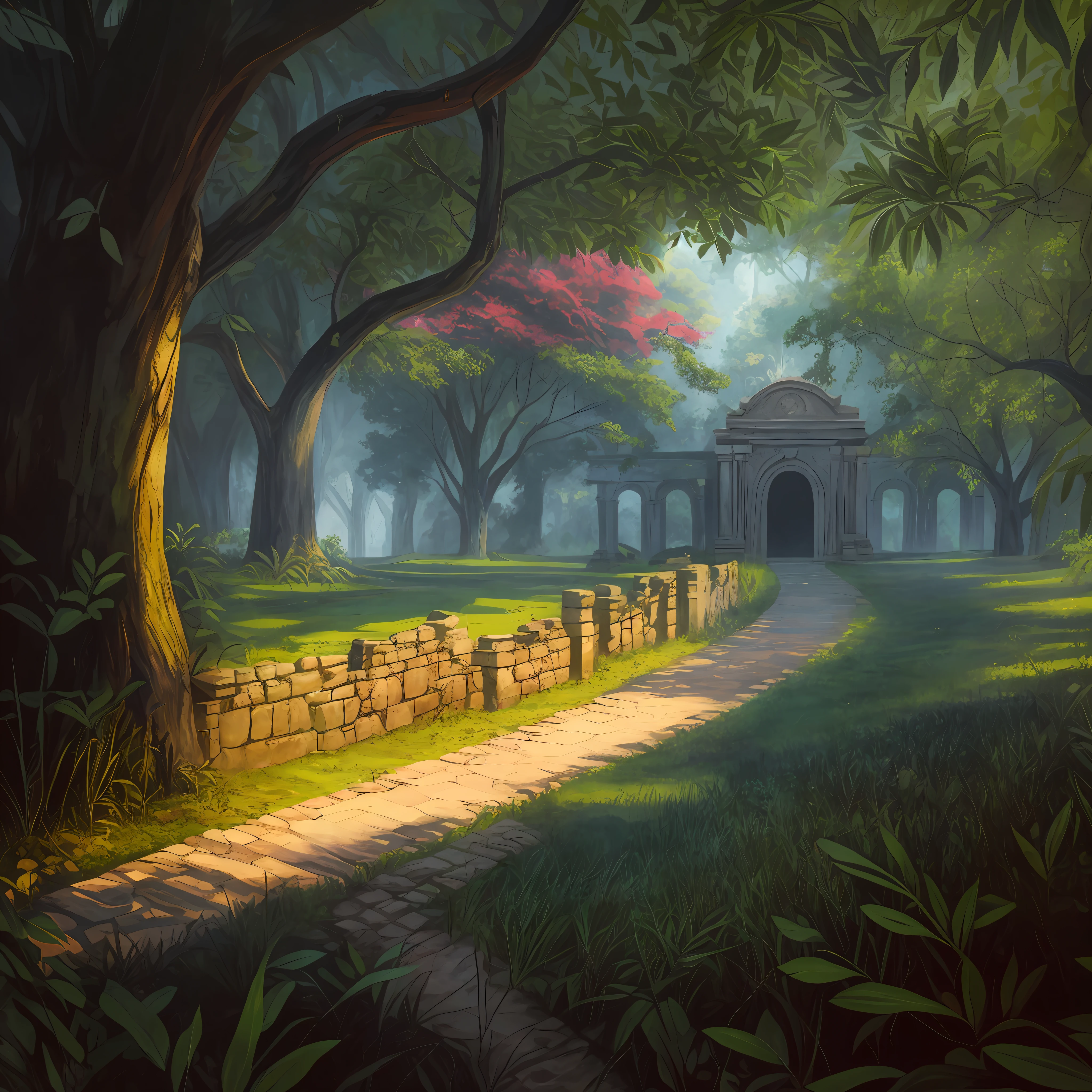 painting of a path leading to a stone building in a park, Arte de fundo, arte de fundo, Fundo representando um templo, ancient ruins background, ancient ruins in the forest, Fundo do jardim real, background are the ruins, a beautiful artwork illustration, pintura digital altamente detalhada, environment design illustration, arte de fundo do anime, Fundo do templo, scenery game concept art, fundo do parque