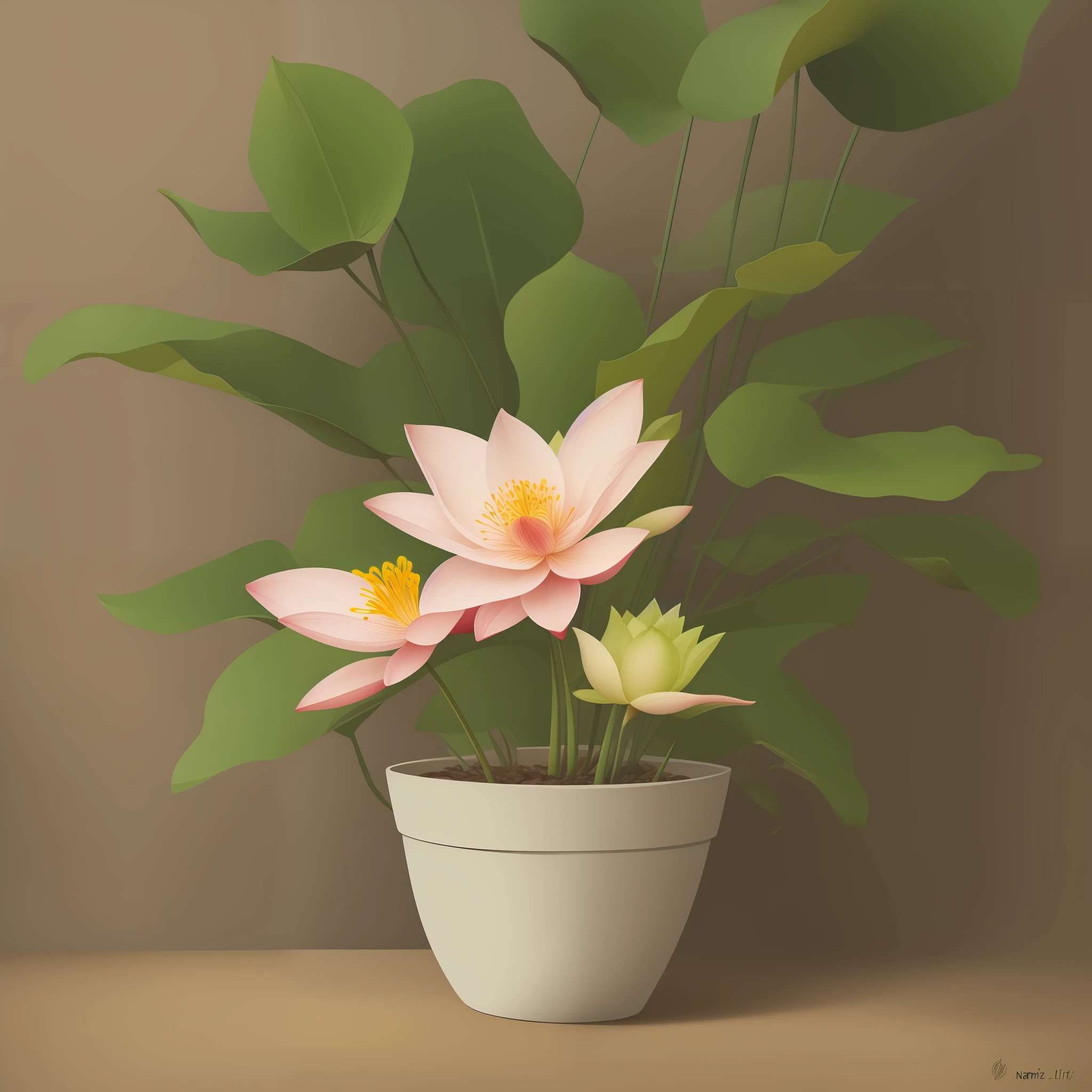 florals, lily_\(florals\), a plant, leafs, potted_plant, palm_tree, branch, white_flower, bamboos, lily_of_the_valley, lotus flower, artist_nameIt is,detail-rich