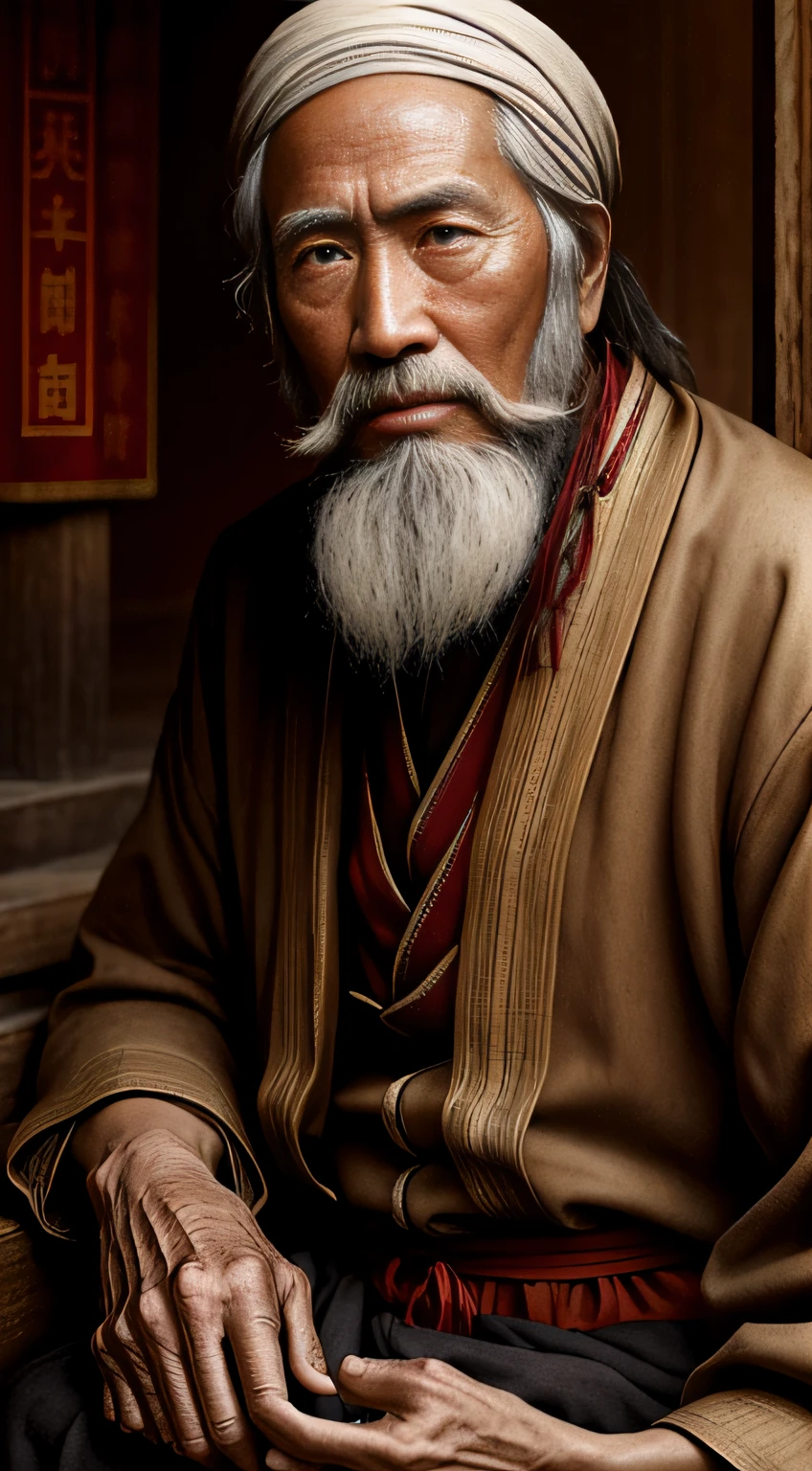 An old beggar，tmasterpiece，top-quality，best qualityer，offcial art，Beautiful and beautiful，realisticlying，The background is blurred out，Asian face，chineseidol，mtu，Upper body effects，The beard is long