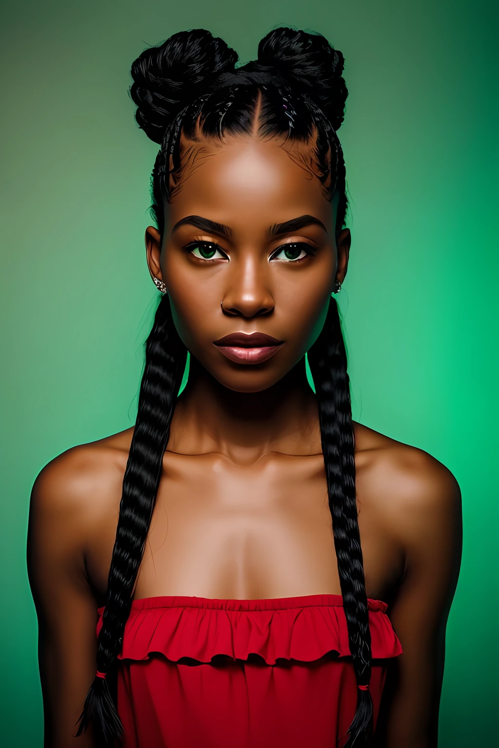 Portrait of a woman braid hair black skin green eyes blue and red lighting