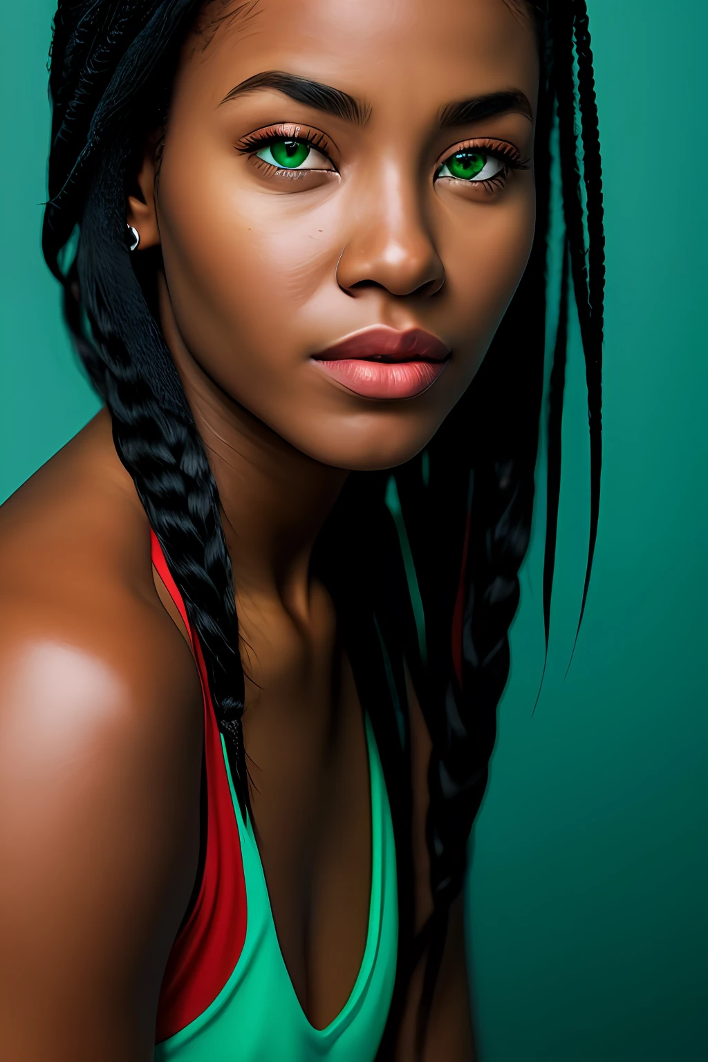 Portrait of a woman braid hair black skin green eyes blue and red lighting