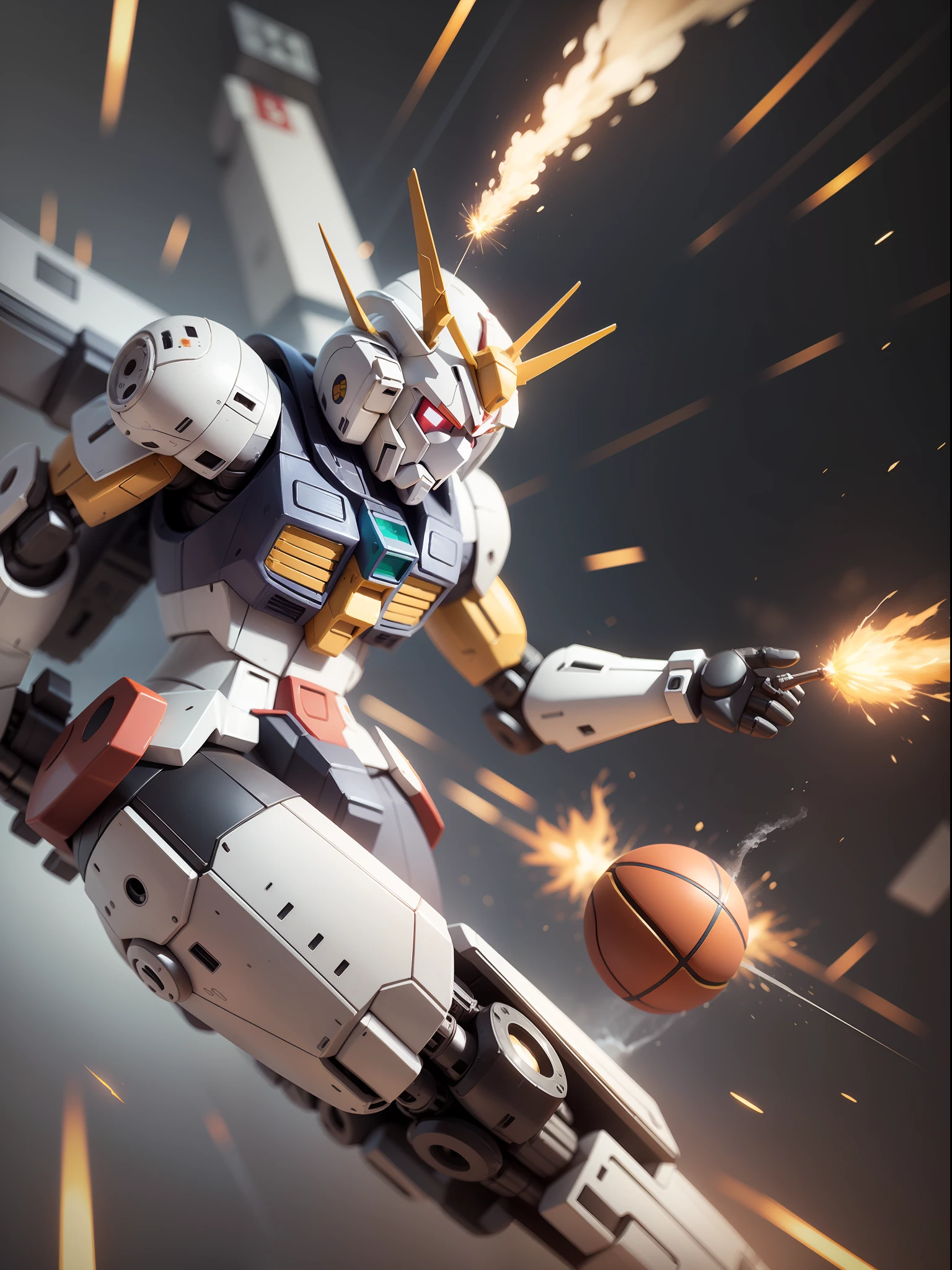 (Machinary：Genzu Gundam:1.331)，(Handheld basketball)，Basketball star，Yuanzu RX78 with NBA basketball，The mech is rich in detail，(Dynamic)，（NBA basketball），Basketball game，Dynamic style，big headed，(Hot Wheels:1.331)，a 3D render，((Q version))，Pokémon style，Machine style，Cinematic texture，Figures，Pokémon，电影灯光，Heavy robotic arm，Mechanical belly，mechanical leg，mechanical leg，Mechanical feel，The background surrounds lightning，salama，mizore，Clean white background，Ray traching，Premium color，Bust 3D model，Action，Stylish blind box toy。(fill body:1.2)，tchibi