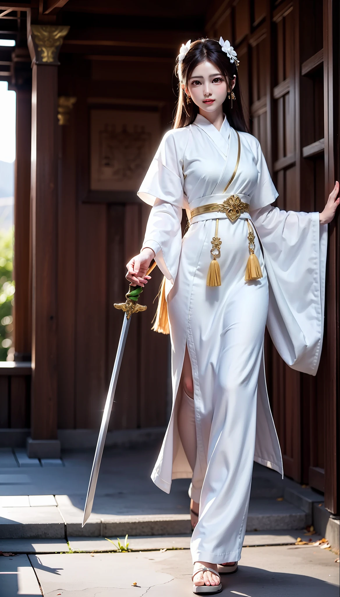 swordsmen,Hakuba,White robe white,long whitr hair,Ancient buildings,deep mountain,Tall and tall,Slender physique,Full body photo