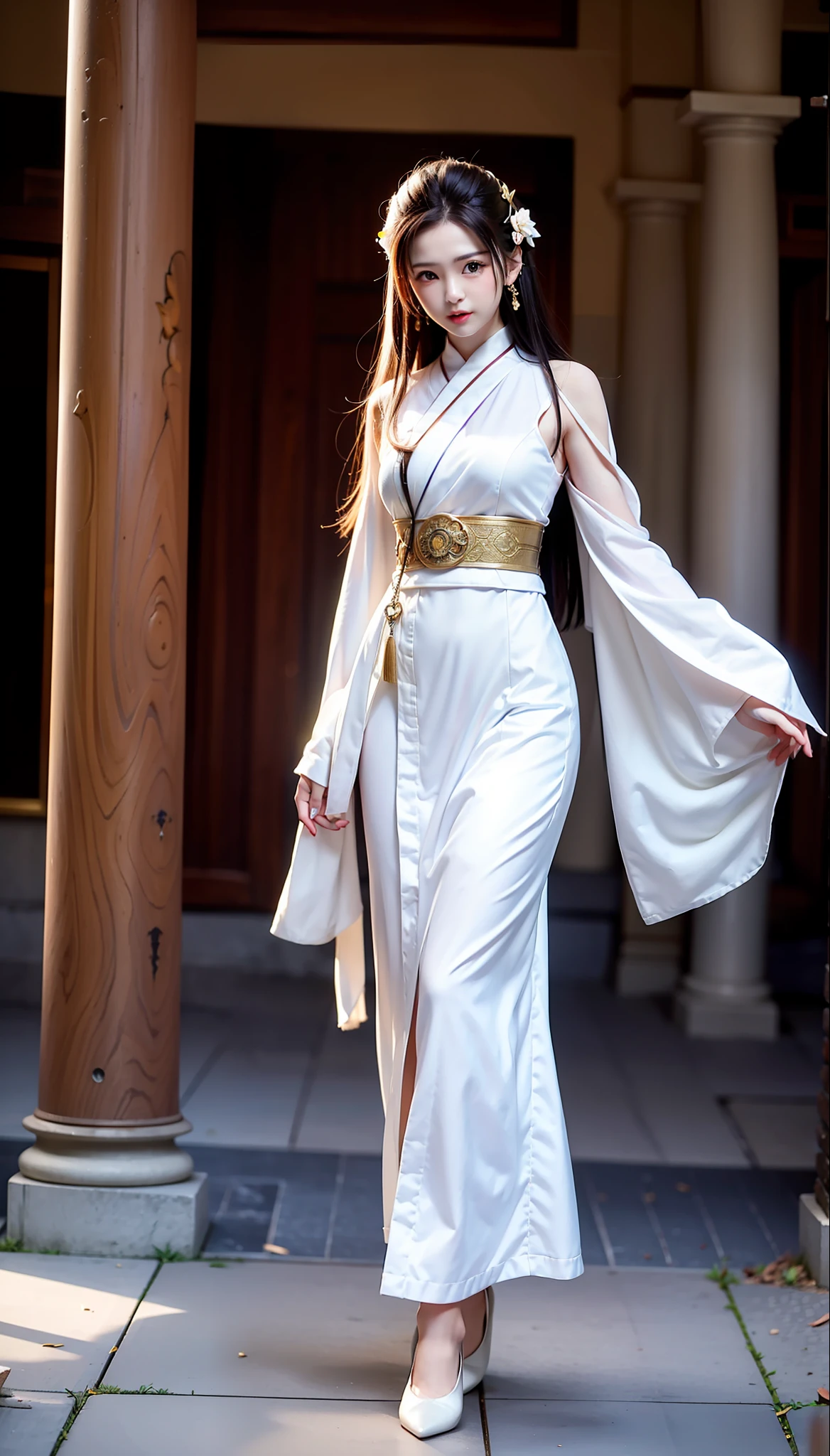 swordsmen,Hakuba,White robe white,long whitr hair,Ancient buildings,deep mountain,Tall and tall,Slender physique,Full body photo