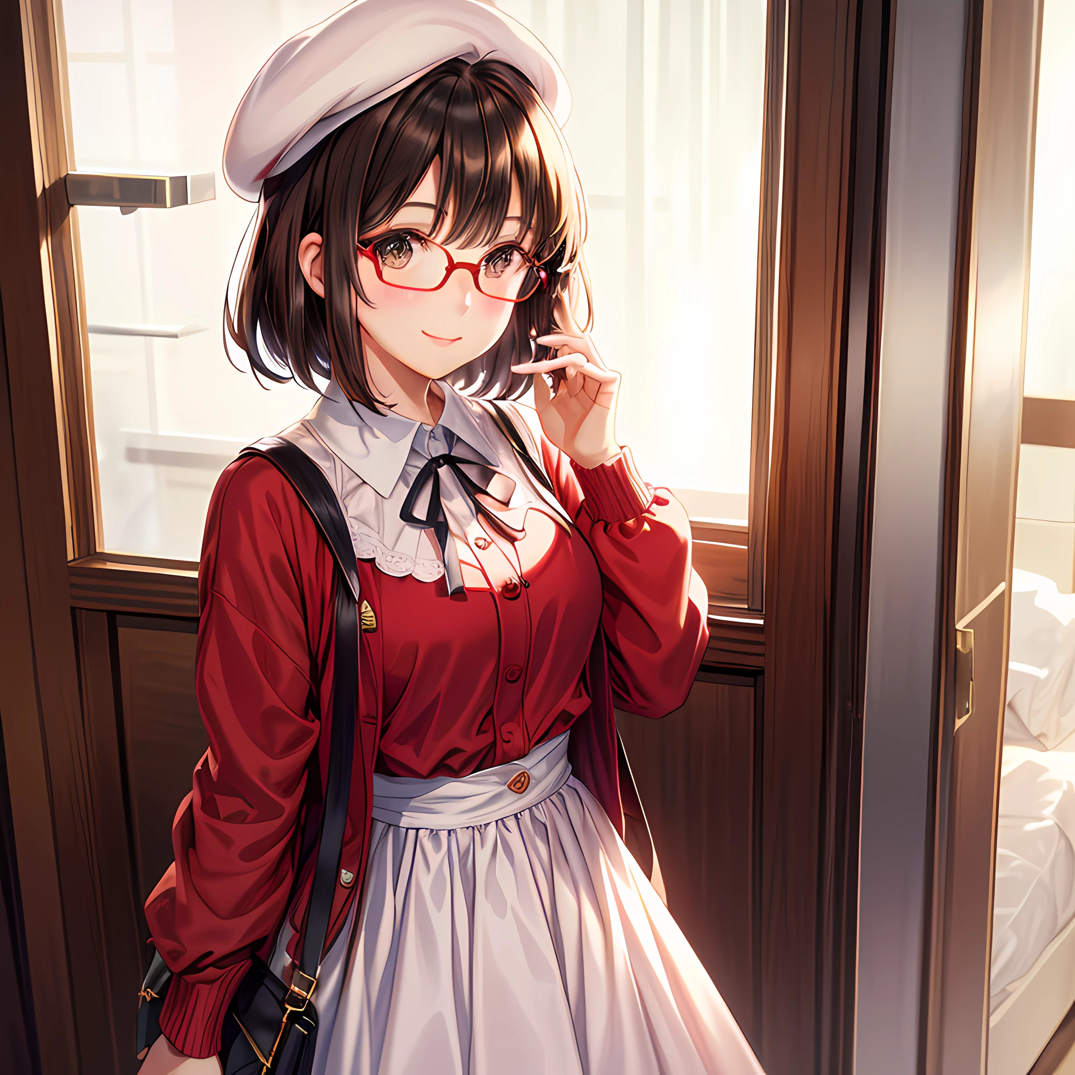 (masterpiece:1.6, best quality), (finely detailed beautiful eyes: 1.2),  ph_katou, katouhdlong, katouhd, 1girl, solo, holding eyewear, hat, eyewear removed, dress, brown hair, bangs, holding, short hair, simple background, glasses, jacket, white background, open jacket, smile, white headwear, brown eyes, open clothes, blush, white dress, red jacket, ribbon, long sleeves, standing, closed mouth, beret, bow, neck ribbon, breasts, black ribbon, buttons, medium breasts, black-framed eyewear, short dress, backlighting, wing collar, manka