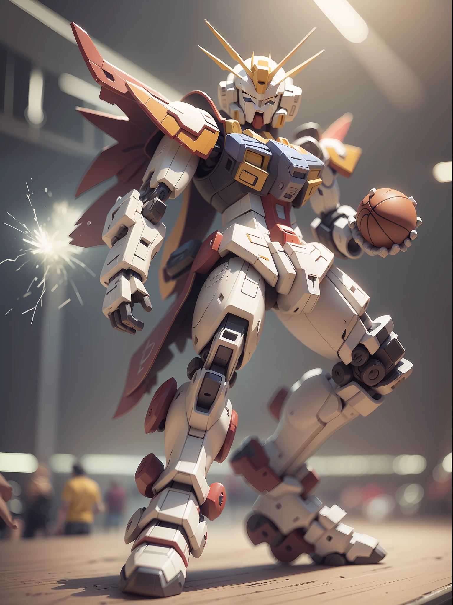 (Machinary：Genzu Gundam:1.331)，(Handheld basketball)，Basketball star，Yuanzu RX78 with NBA basketball，The mech is rich in detail，(Dynamic)，（NBA basketball），Basketball game，Dynamic style，big headed，(Hot Wheels:1.331)，a 3D render，((Q version))，Pokémon style，Machine style，Cinematic texture，Figures，Pokémon，电影灯光，Heavy robotic arm，Mechanical belly，mechanical leg，mechanical leg，Mechanical feel，The background surrounds lightning，salama，mizore，Clean white background，Ray traching，Premium color，Bust 3D model，Action，Stylish blind box toy。(fill body:1.2)，tchibi