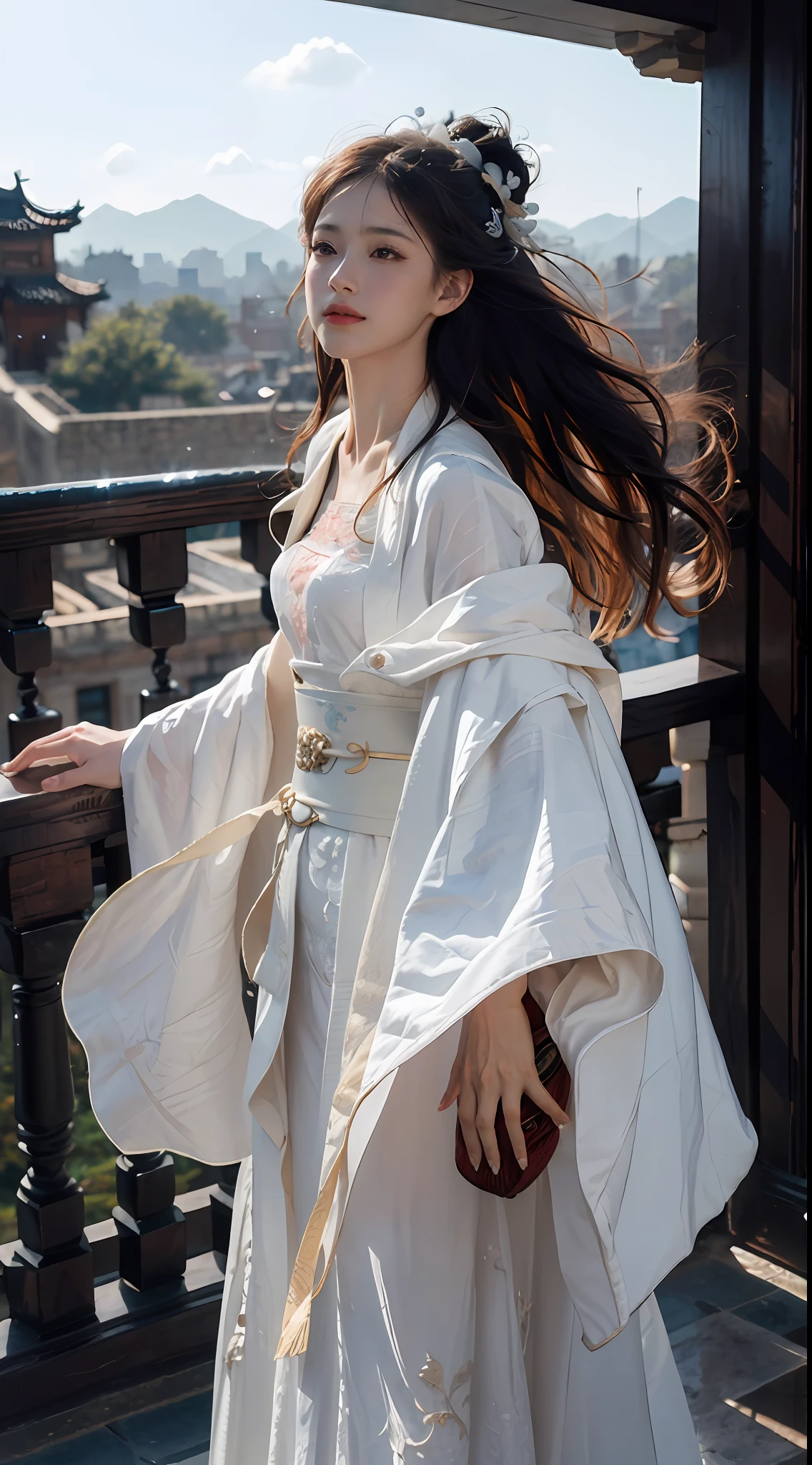 (Positive Focus), (In the Dark: 1), (Best Quality), (Realisticity: 1), Realistic Skin Texture, Highly Detailed, 8k Wallpaper, Volume Lighting, Dynamic Lighting, A Girl, White Veil Fluttering in the Wind, White Hanfu Robe, Black Embroidery, Black Ponytail Long Hair, Long Hair Flowing, Black Hair, Fringed Hair Ornament, Peony, Antique Style, Red Belt, Dramatic Composition, Petals Falling, Red Belt, Ancient Architecture Background, Complicated Background, Clouds and Mist Entanglement, Xian Xia Background, Cloudy Lingering, cinematic lighting,