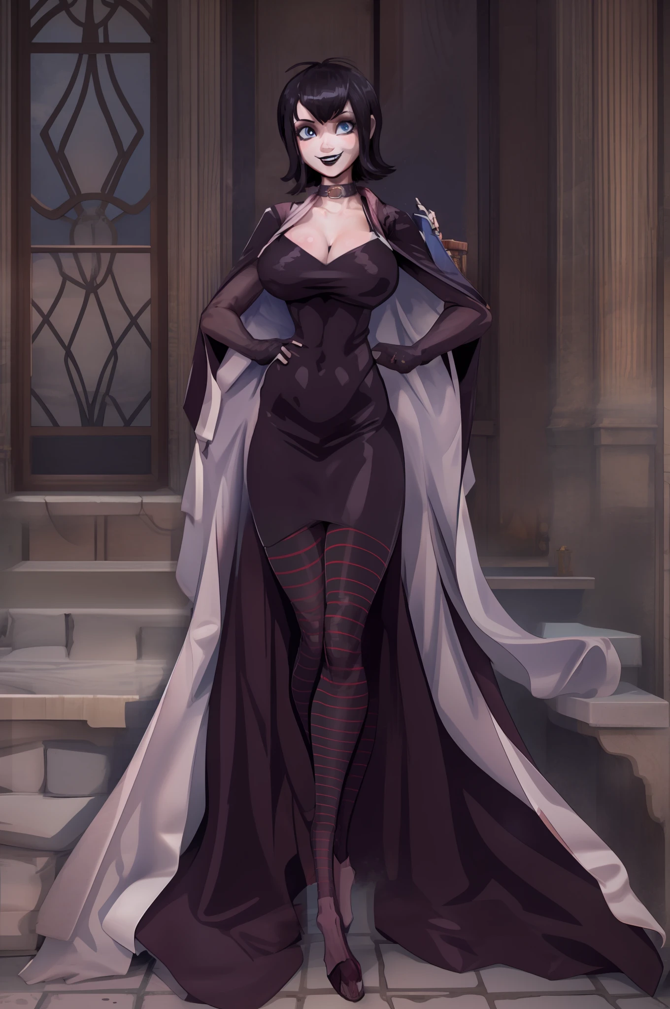 Mavis_dracula, full body, pantyhose, huge breast, pants, goth, long dress, black hair, flip flips, smile, long robe, skirt, victorian clothing, gloves