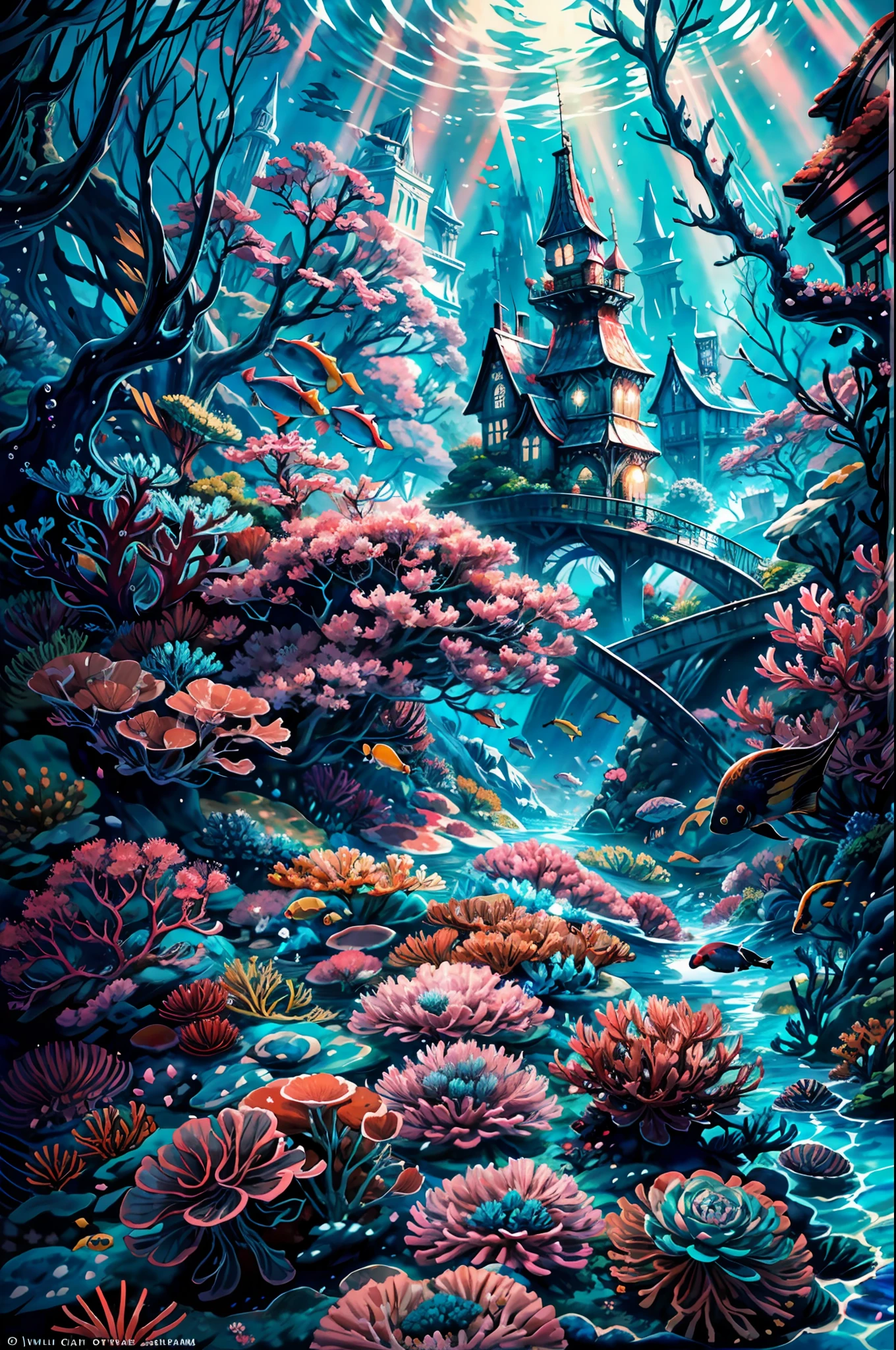 The image captures a breathtaking otherworldly scenery of the underwater world, a vibrant and lively aquatic ecosystem that is teeming with life. Schools of colorful fishes swim in graceful formations in the foreground, their scales glistening in the sunlight that filters down through the water. The coral reefs in the background are a riot of colors, with vivid pinks, oranges, and blues dominating the landscape BREAK intricate patterns and textures of the coral, as well as the sea anemones and other creatures that make their homes within them. But the most striking feature of the image is the underwater castle in the distance. It is perched on a rocky outcropping and appears to be made of shimmering mother-of-pearl and glittering gemstones. The castle seems to glow in the light, creating a sense of magic and wonder. As you gaze at the image, you feel as though you have been transported to a magical world that exists far beneath the waves, where anything is possible and the beauty of nature is truly awe-inspiring.