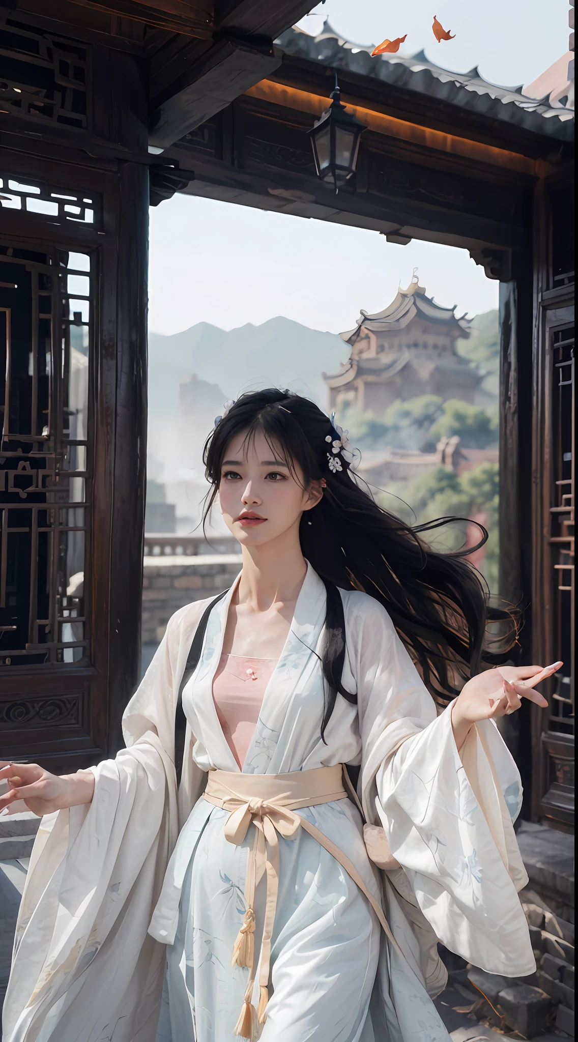 (Positive Focus), (In the Dark: 1), (Best Quality), (Realisticity: 1), Realistic Skin Texture, Highly Detailed, 8k Wallpaper, Volume Lighting, Dynamic Lighting, A Girl, White Veil Fluttering in the Wind, White Hanfu Robe, Black Embroidery, Black Ponytail Long Hair, Long Hair Flowing, Black Hair, Fringed Hair Ornament, Peony, Antique Style, Red Belt, Dramatic Composition, Petals Falling, Red Belt, Ancient Architecture Background, Complicated Background, Clouds and Mist Entanglement, Xian Xia Background, Cloudy Lingering, cinematic lighting,