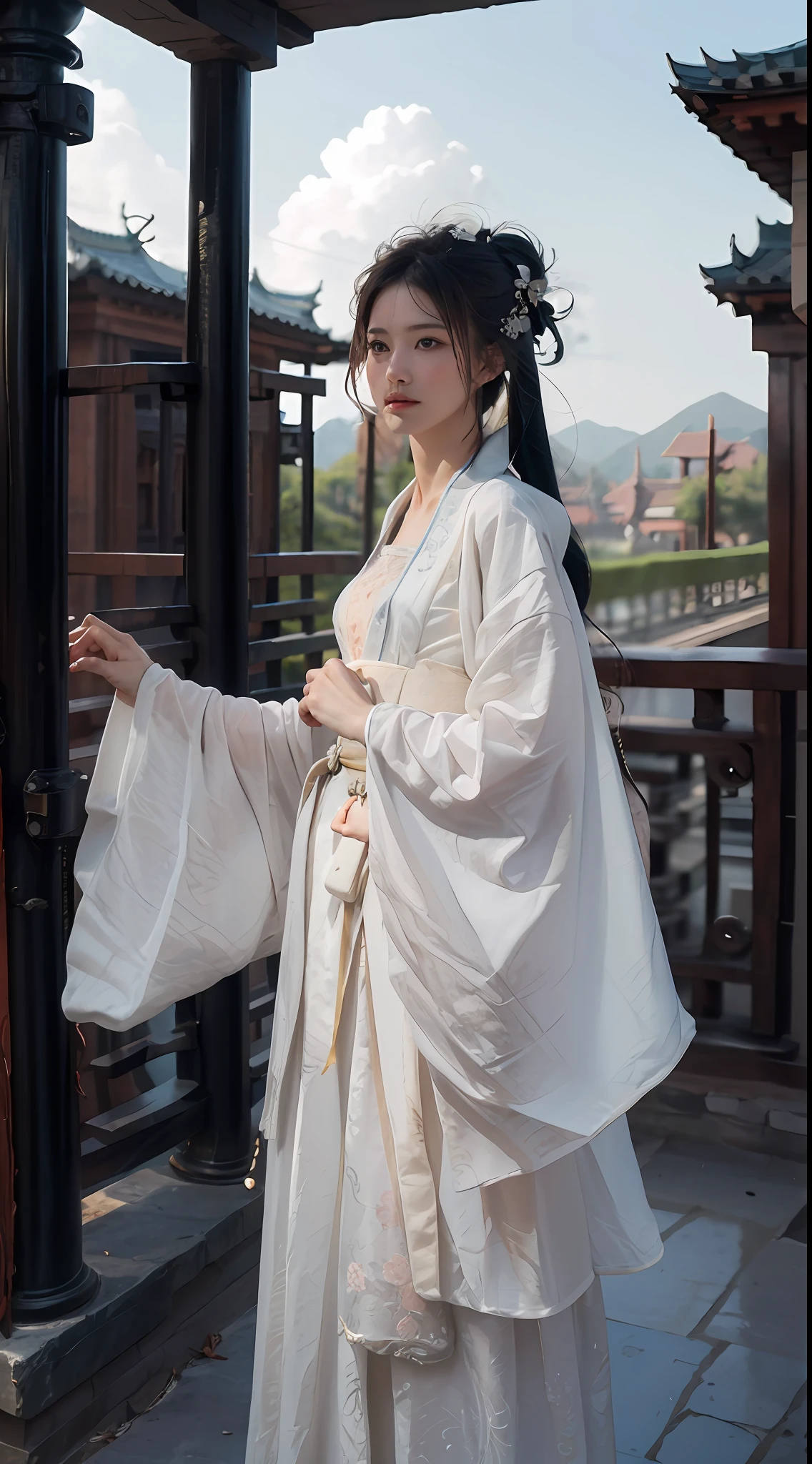 (Positive Focus), (In the Dark: 1), (Best Quality), (Realisticity: 1), Realistic Skin Texture, Highly Detailed, 8k Wallpaper, Volume Lighting, Dynamic Lighting, A Girl, White Veil Fluttering in the Wind, White Hanfu Robe, Black Embroidery, Black Ponytail Long Hair, Long Hair Flowing, Black Hair, Fringed Hair Ornament, Peony, Antique Style, Red Belt, Dramatic Composition, Petals Falling, Red Belt, Ancient Architecture Background, Complicated Background, Clouds and Mist Entanglement, Xian Xia Background, Cloudy Lingering, cinematic lighting,