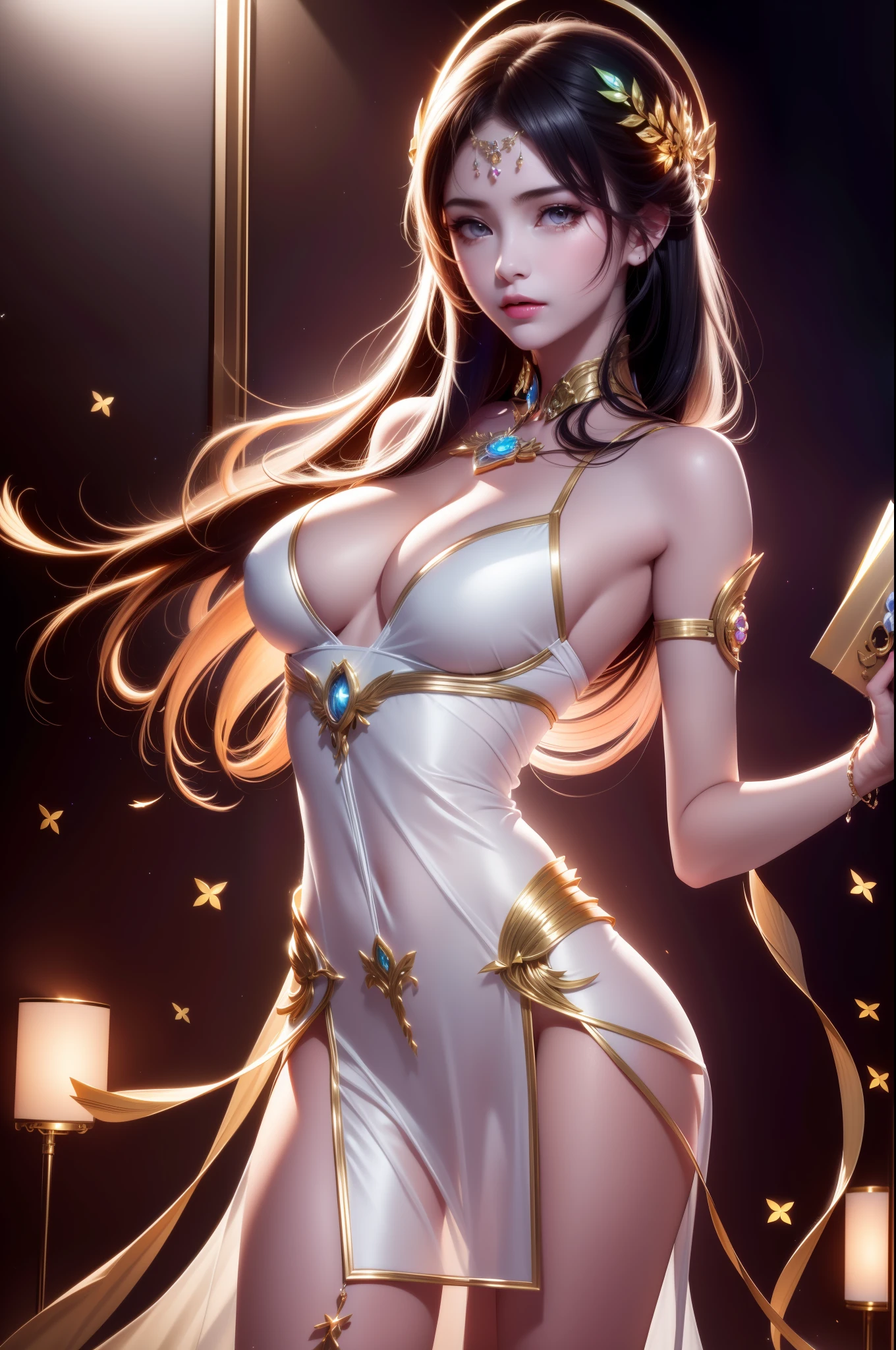 1 27-year-old girl, 1 athena goddess from the future, 12 zodiac goddess pink purple, athena goddess face sexy thin yellow nightgown, long thin nightgown 12 zodiac many limbs sexy black lace detail, mythical goddess of the athena from the future, zodiac ♏, luxurious glittering athena style, dark and mysterious version, athena crown, lipstick red lips, thin and pretty lips, don't smile, keep your mouth shut, characters created by karol bak and pino daeni, intricate detail, detailed background, extremely detailed, light magic, a woman, clear face, looking at the upper body of the goddess of the athena, round breasts, big and round breasts, phoenix hair brooch, long hair with bangs, (Long hair has 7 colors like rainbow:1.9), beautiful detailed face and well-proportioned eyes, (transparent yellow eyes: 1.8), big round eyes and very beautiful and detailed makeup, visionary, long silk nightgown, mysterious makeup, Bracelets, side bangs and dye pale yellow, upper body, (athena goddess upper body: 1.8), drooping arms, Realistic and vivid photo, (stars that make up the athena: 1.7), ( sky athena and fictitious space and time portal: 1.8), fiction art, RAW photo, hanfu photo, best photo , high_res, best quality, best photo, 8k quality, 8k ultra , surrealism, the most economical real photo, artistic portrait of athena signs, 1 symbol of athena signs behind, single portrait of athena goddess, The most realistic color scheme, best photo color, masterpiece, hair ornament, necklace, jewelry, Beautiful face, upper body, tyndall effect, photo realistic, dark studio, border light, two tone light, (detailed skin) high: 1.2), 8k uhd, dslr, soft light, high quality, volumetric light, candid, Photo, high resolution, 4k quality, 8k, Bokeh, Smooth and sharp, pixel up 10 times, Charming athena goddess, sexy athena goddess, (background space: 1.8), (galaxy: 1.7), aurora, lightning, (Aurora Background: 1.8), perfect eyes, photo of perfect eyes, beautiful goddess and flowers,puffy lips,