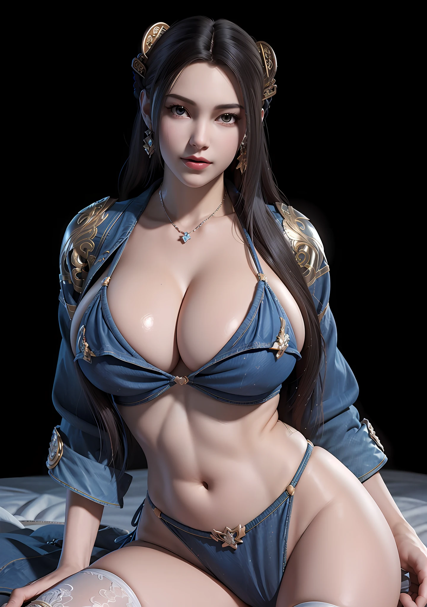 Arad woman posing on bed in blue dress and stockings, photorealistic perfect body, trending on cgstation, a beautiful fantasy empress, Japanese goddess, realistic shadow perfect body, 3 D rendering character art 8 K, beautiful and seductive anime woman, photorealistic anime girl rendering, asian hyperdetailed, seductive anime girls, 8K high quality detailed art --auto
