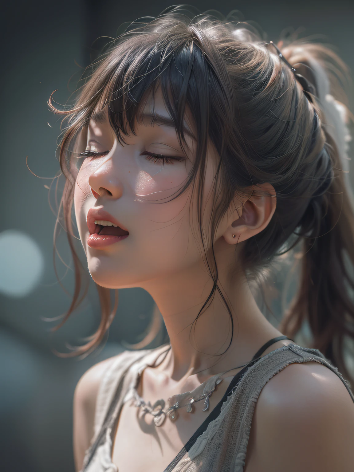 Close eyes):2.0, (Open mouth):1.5 Real numbers、8yk、Raw photo、(masuter piece)、(top-quality)、Hi-Res、（（Looking Up)）(girl with)、(realisitic、Photorealsitic:1.2), Upper body、ponytail,Sleeveless、skinny、14years、small tits、Eyes closed、Deep sadness、Sorrow、look up sky、Open mouth、screeming、Bedrooms、Background blur